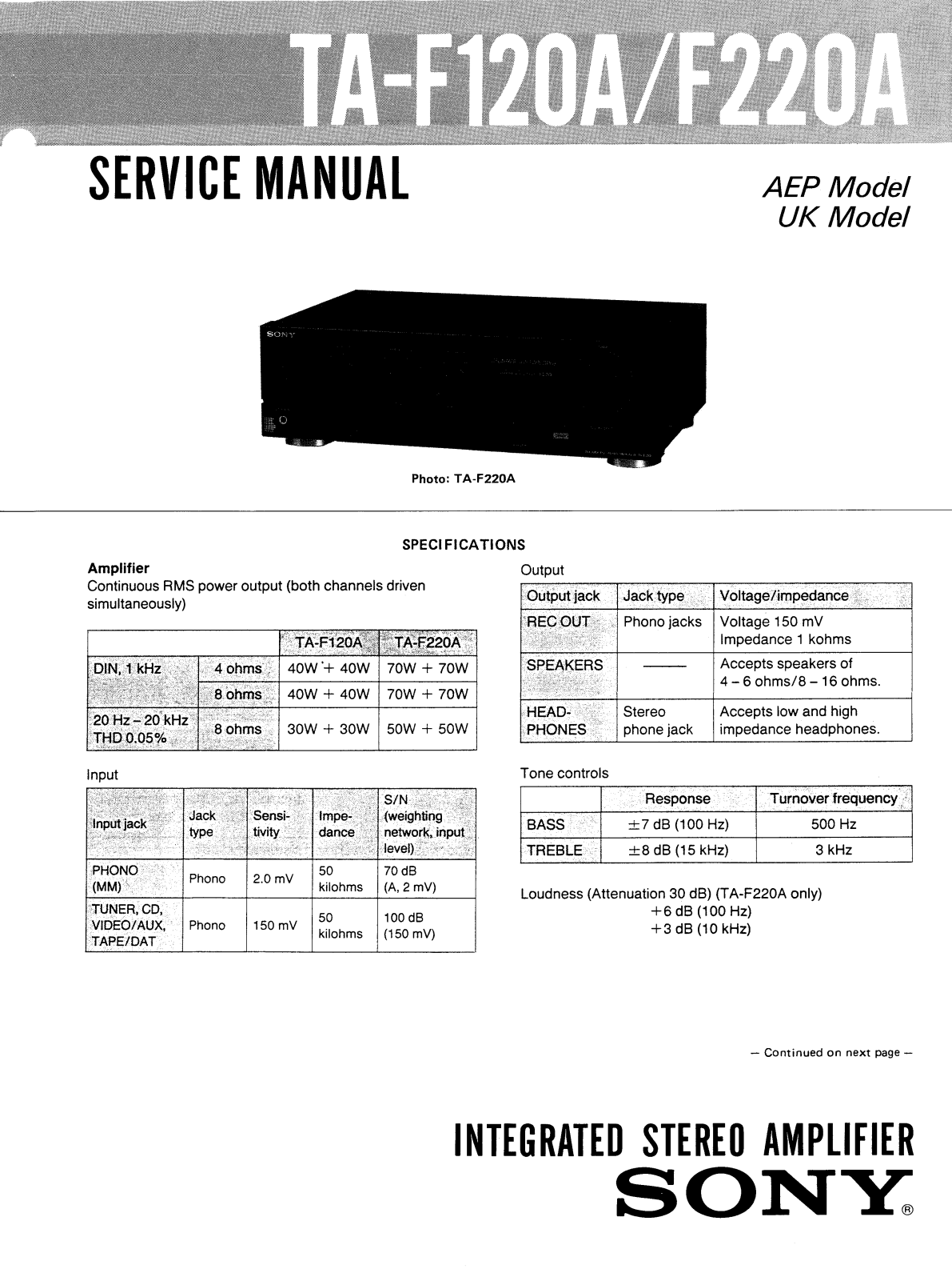 Sony TAF-220-A Service manual