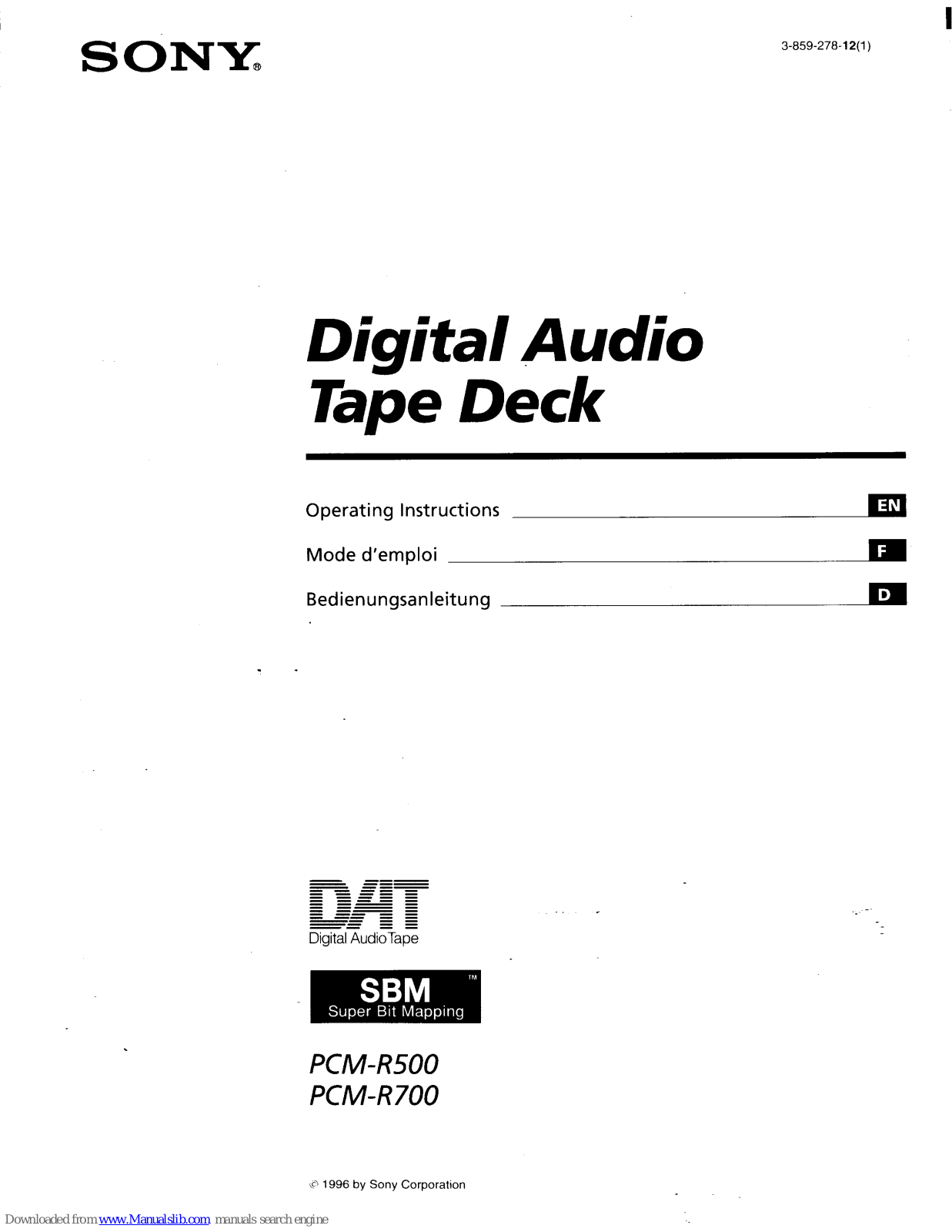 Sony PCM-R500 - Dat Recorder, PCM-R700 Operating Instructions Manual