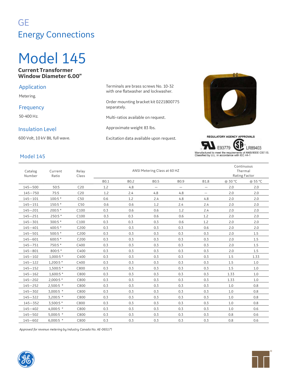 Instrument Transformer, Div of GE 145 Data Sheet