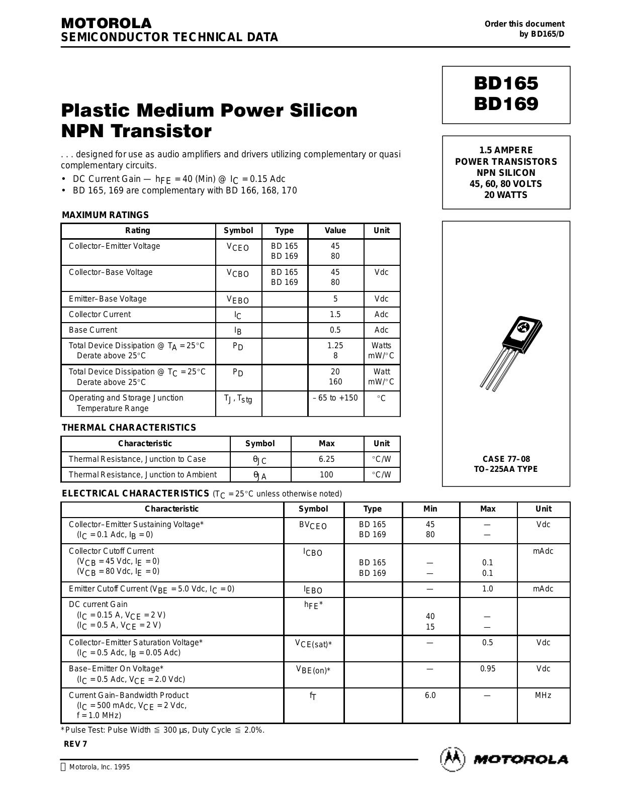 Motorola BD169, BD165 Datasheet