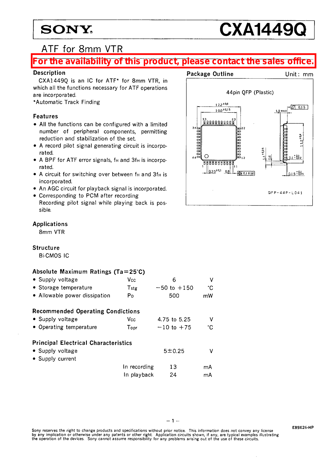 Sony CXA1449Q Datasheet