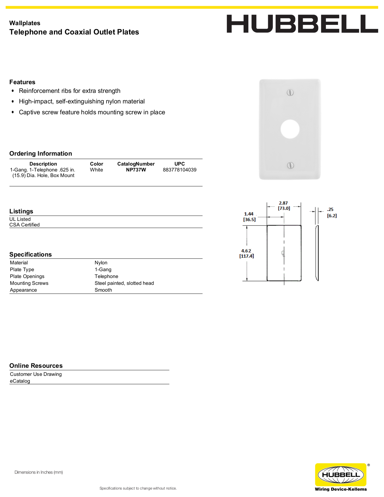 Hubbell NP737W Specifications