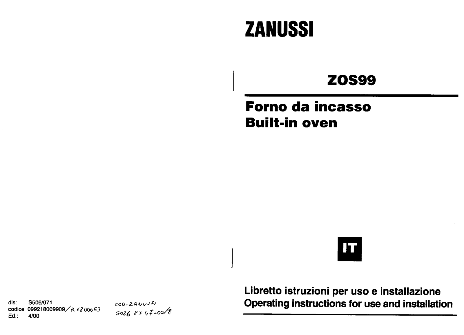 Zanussi ZOS99 USER MANUAL