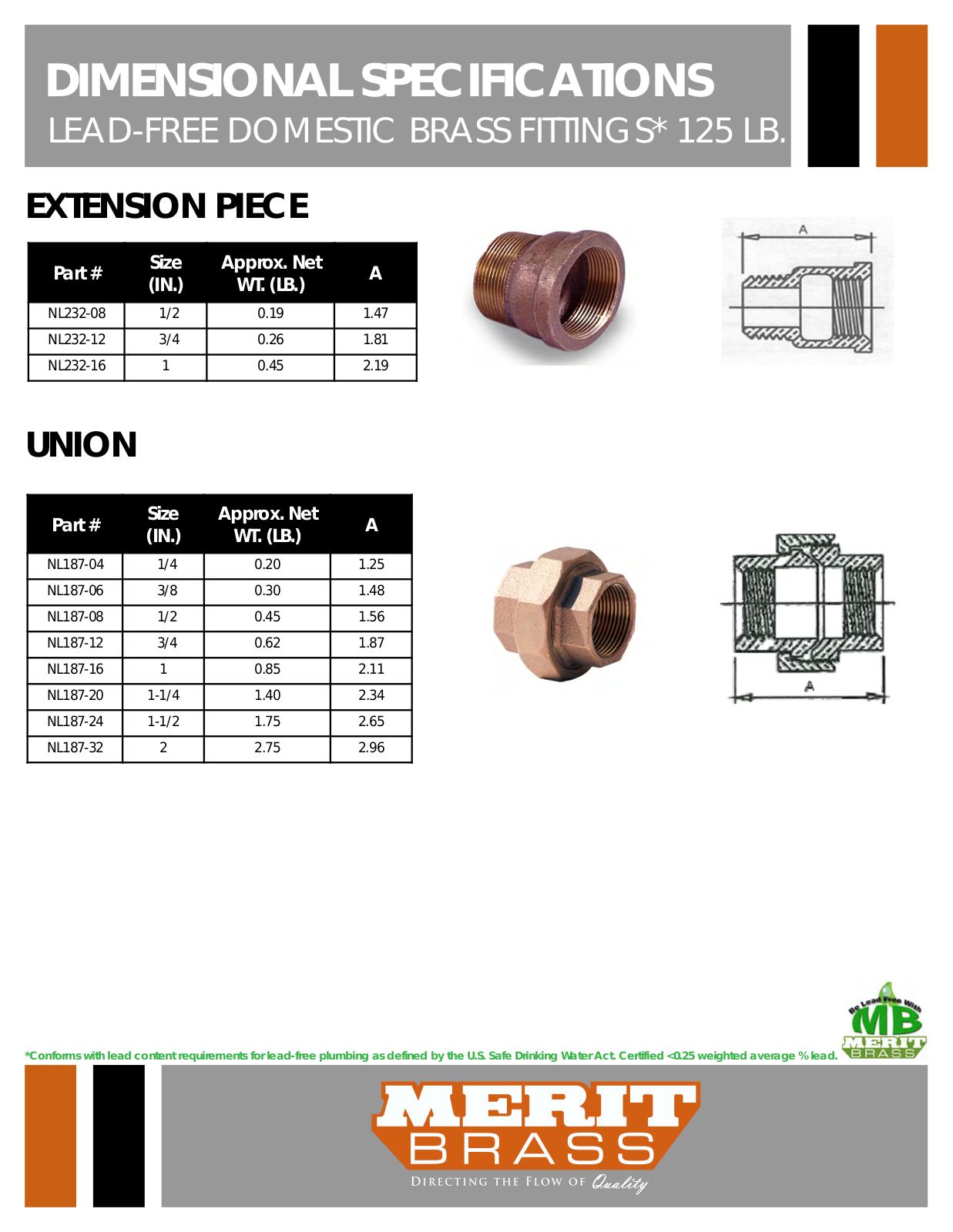 Merit Brass NL232-08, NL232-12, NL232-16, NL187-04, NL187-06 User Manual