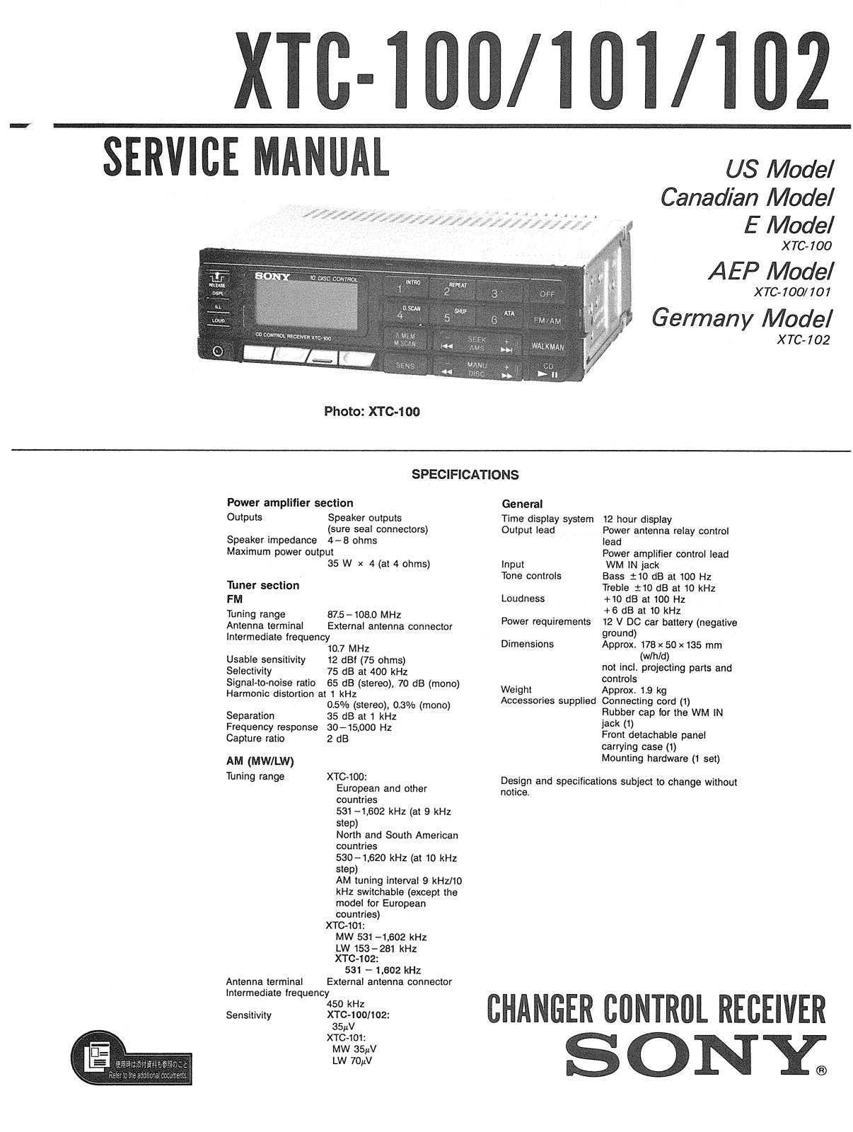Sony XTC-102 Service manual