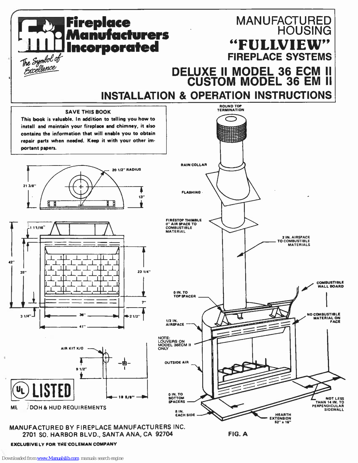 FMI Deluxe II 36 ECM II, Custom 36 EM II Installation & Operation Instructions