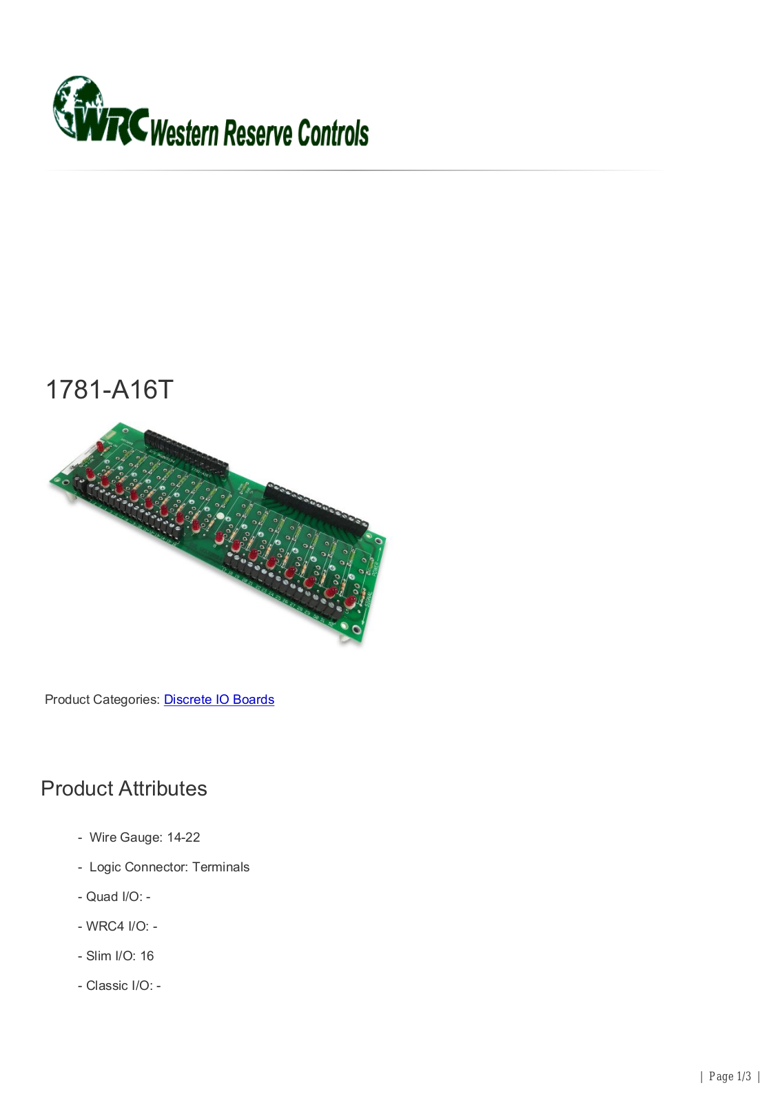 Western Reserve Controls 1781-A16T Data Sheet