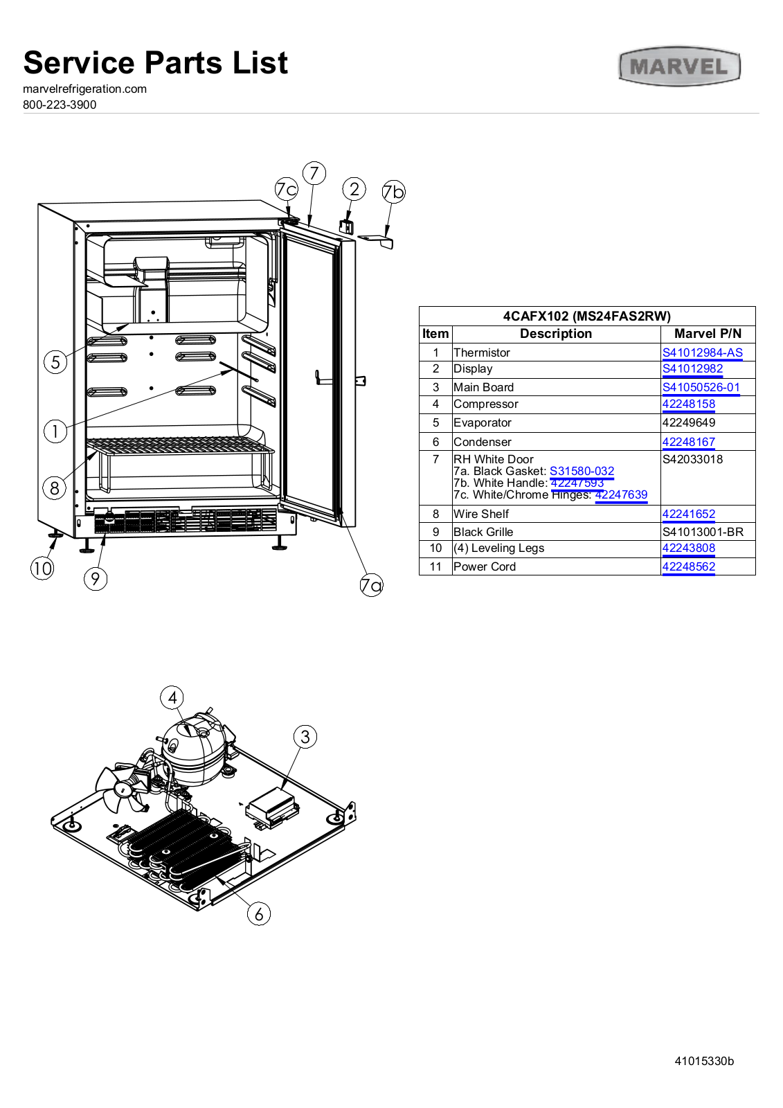 Marvel Refrigeration MS24FAS2 PARTS LIST