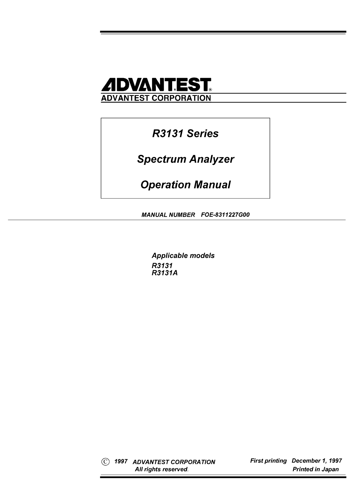 Advantest Corporation R3131A, R3131 User Manual