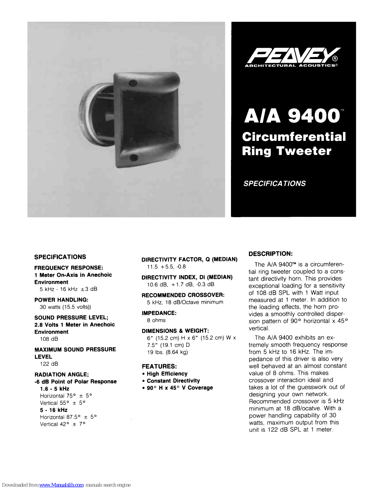 Peavey 9400, A/A 9400 Specifications