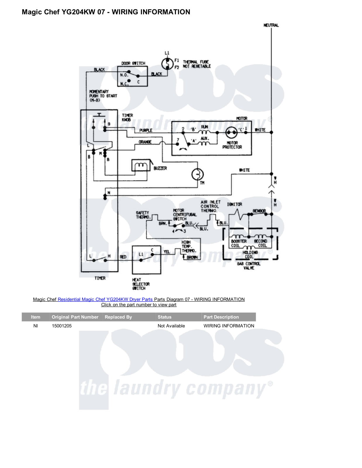 Magic Chef YG204KW Parts Diagram