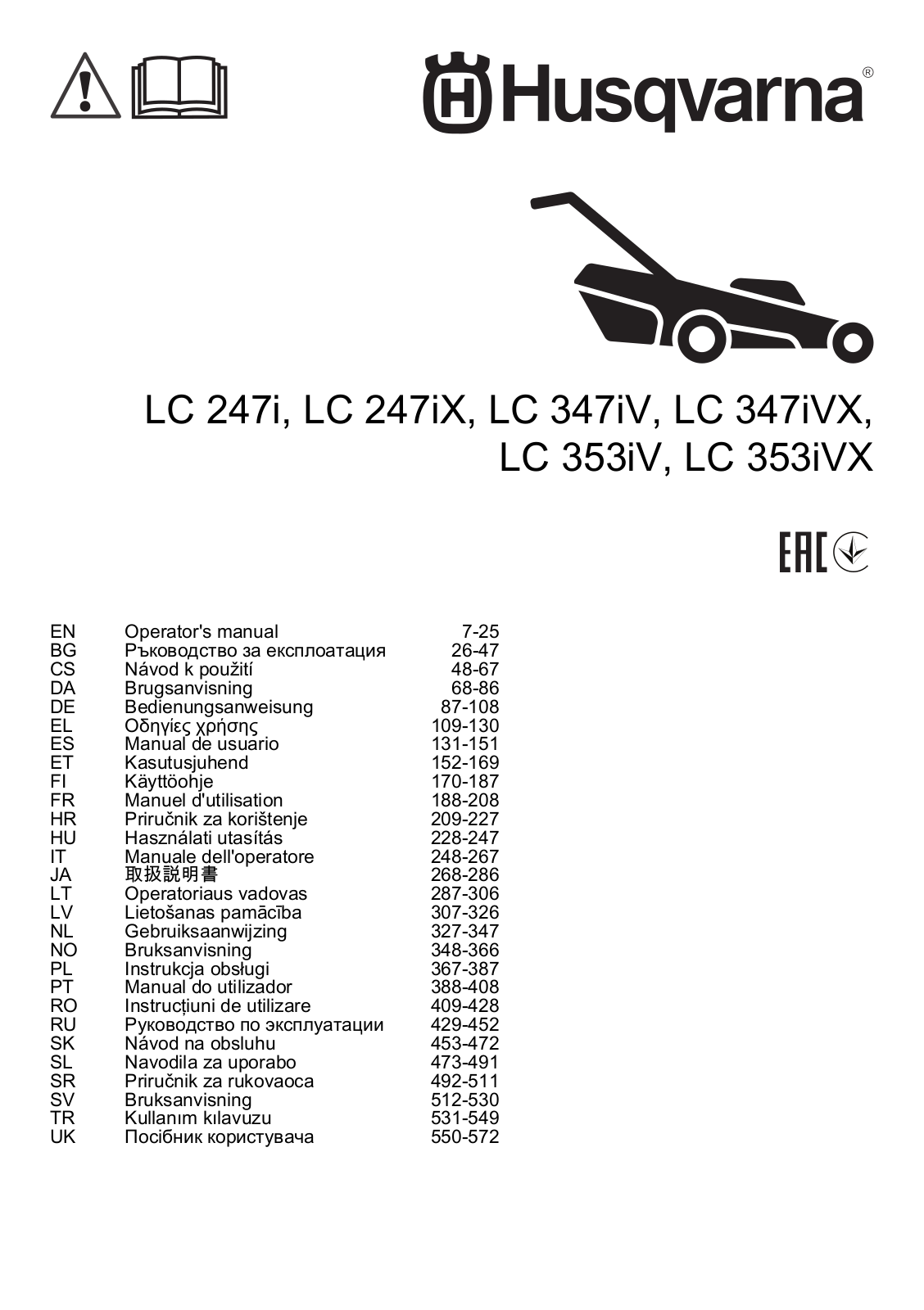 Husqvarna LC 247i, LC 247iX, LC 347iV, LC 353iV, LC 353iVX User manual