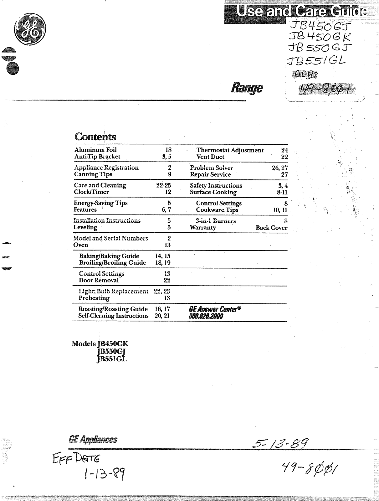 GE JB450GK, JB551GL Use and Care Manual