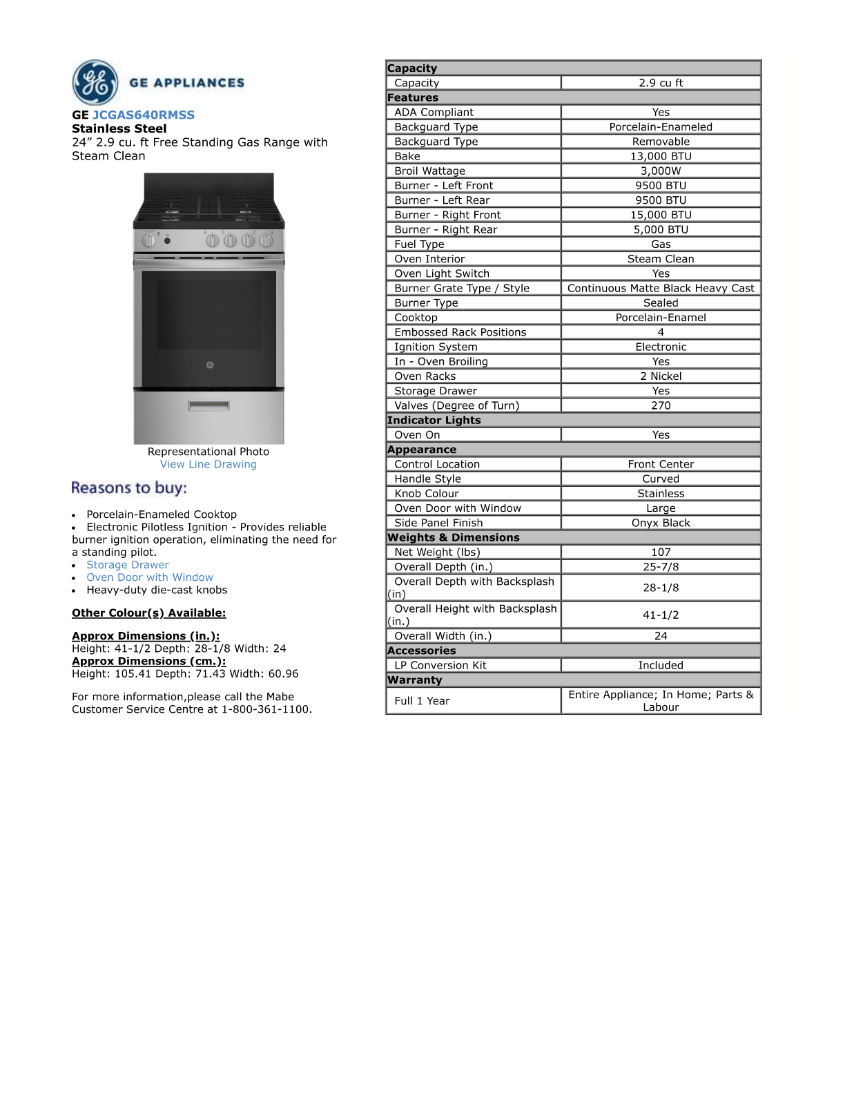 GE JCGAS640RMSS PRODUCT SPECIFICATIONS