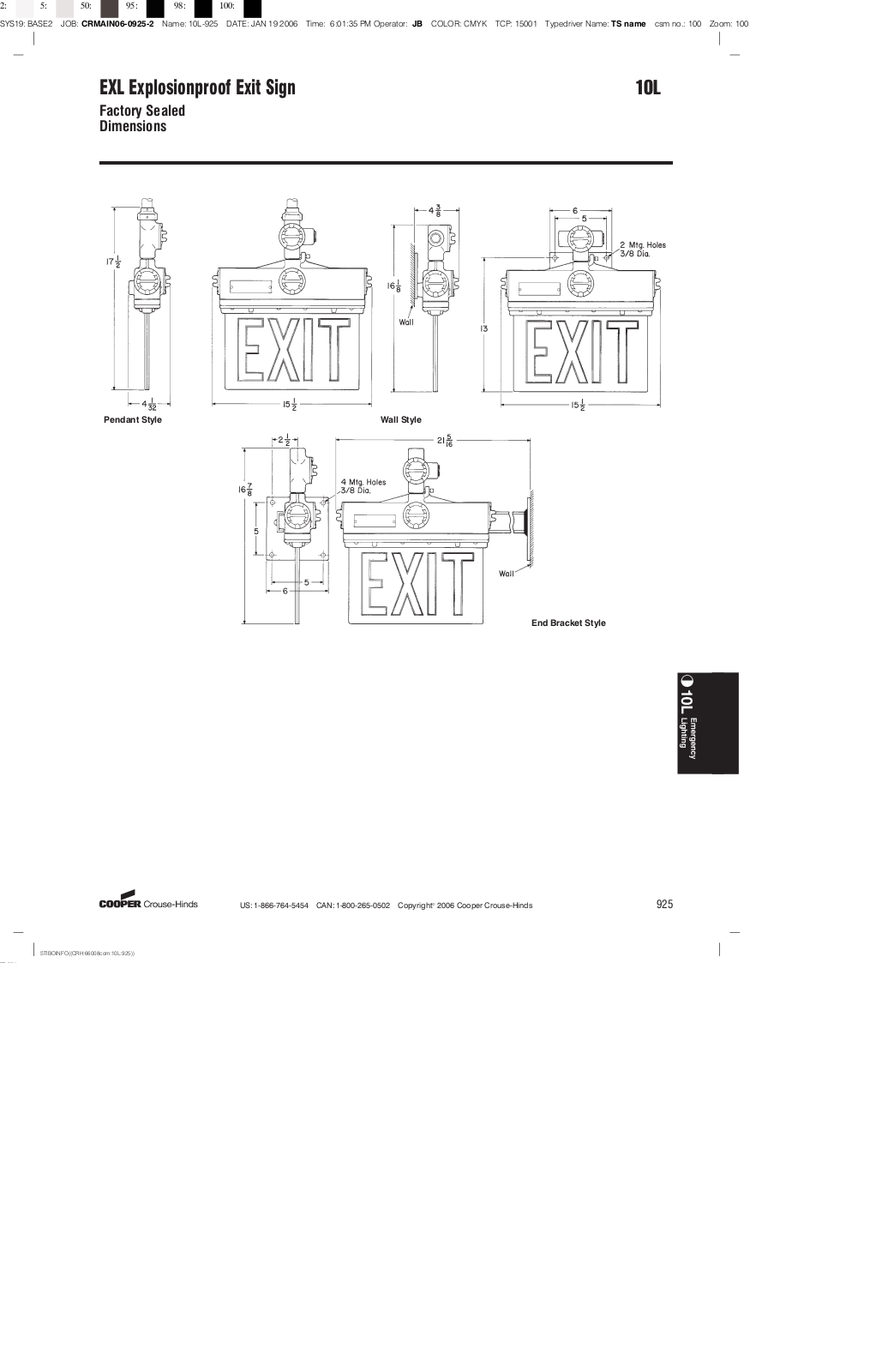 Crouse Hinds 10L EXL Explosionproof Exit Sign Dimensional Sheet