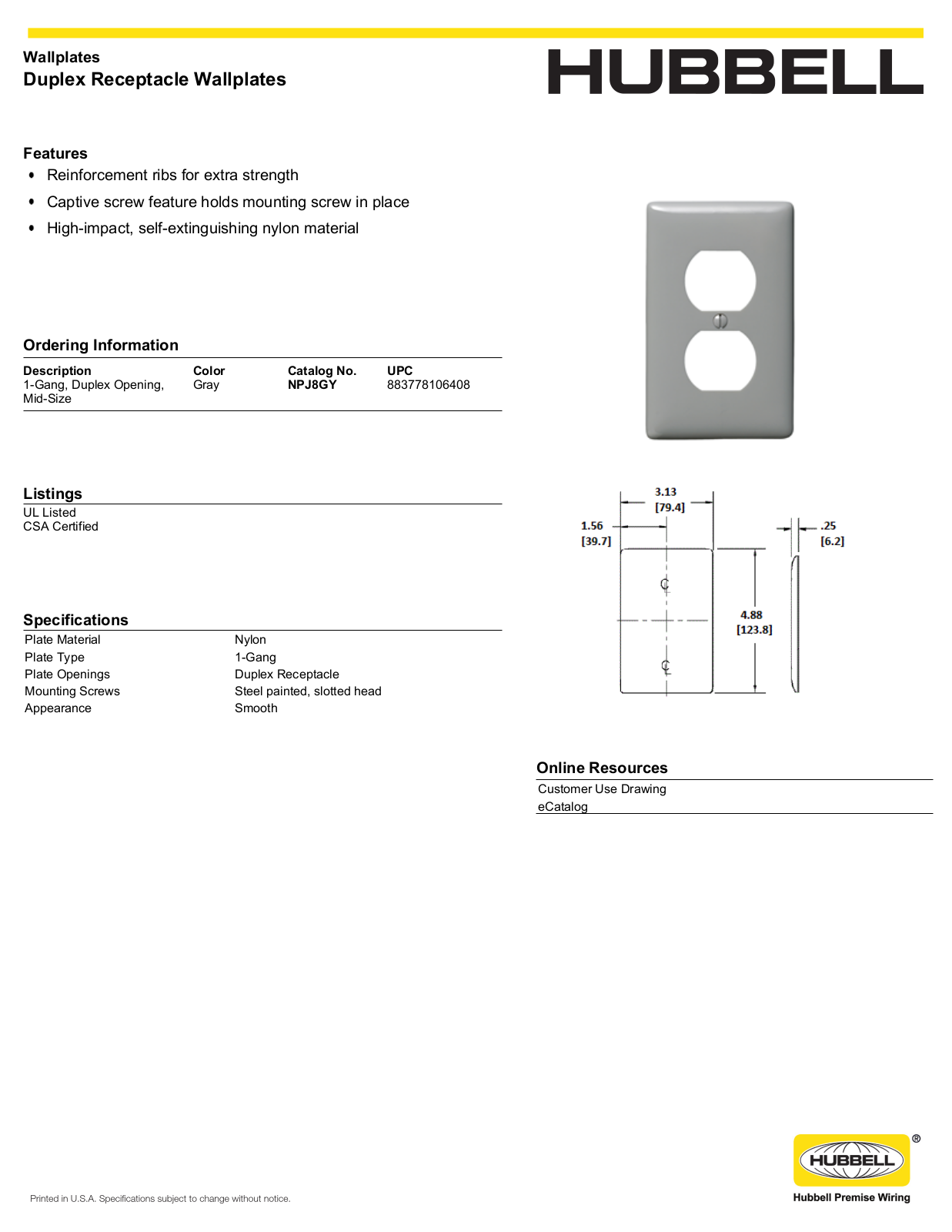 Hubbell NPJ8GY Specifications