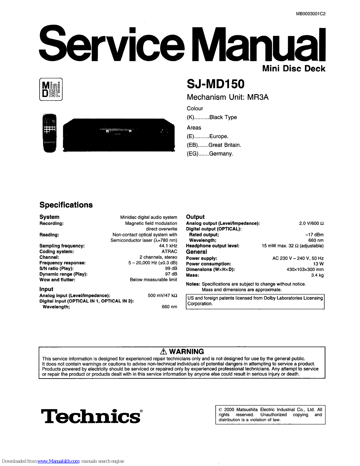 Technics SJ-MD150 Service Manual