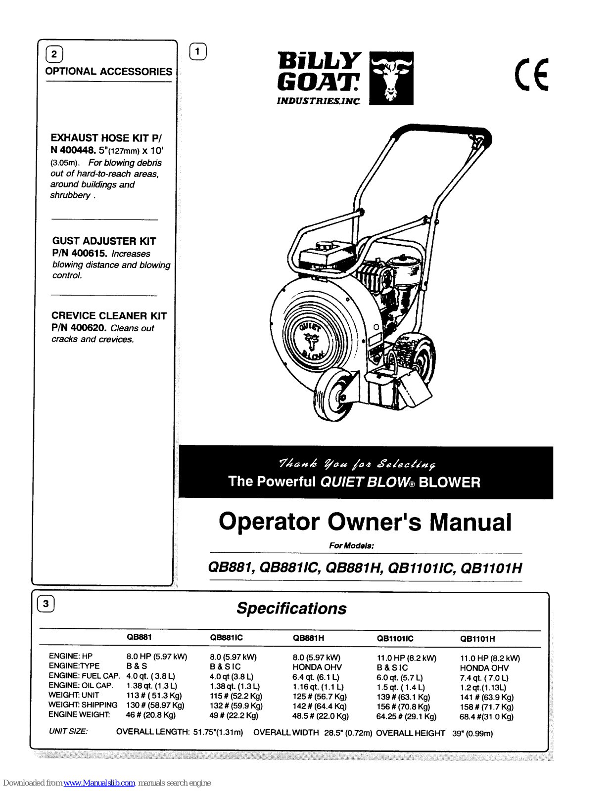 Billy Goat QB881IC, QB881H, QB1101IC, QB1101H Parts List