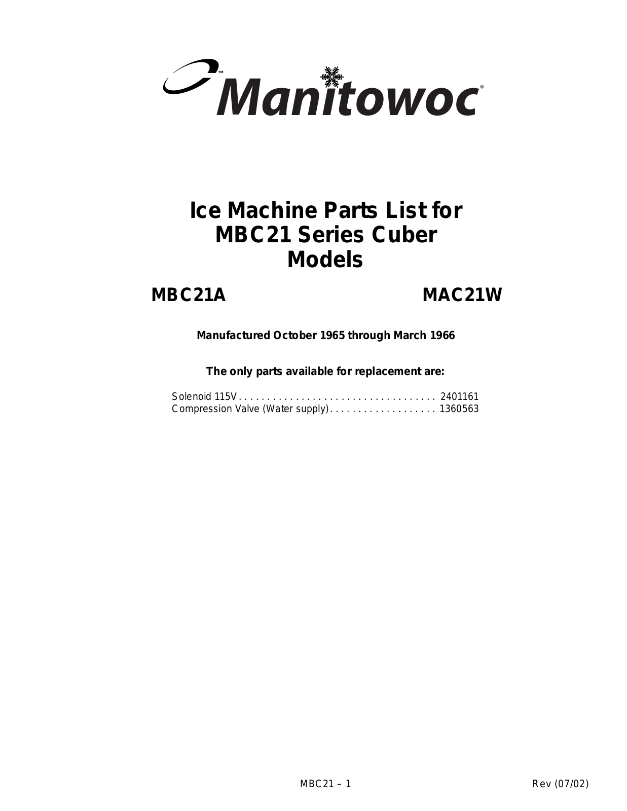 Manitowoc Ice MBC21 PARTS LIST