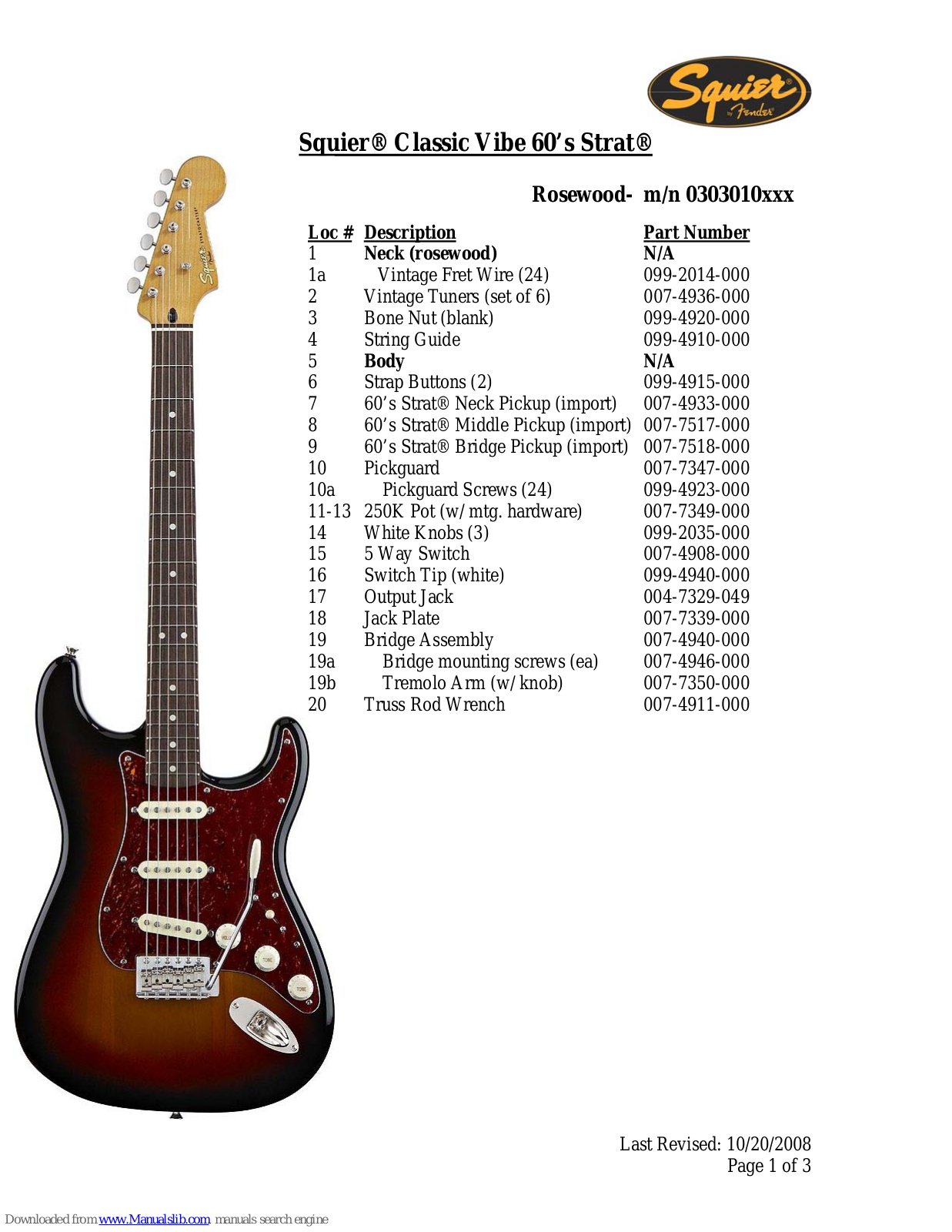 Squier Classic Vibe 60s Strat Specifications - ManualMachine.com