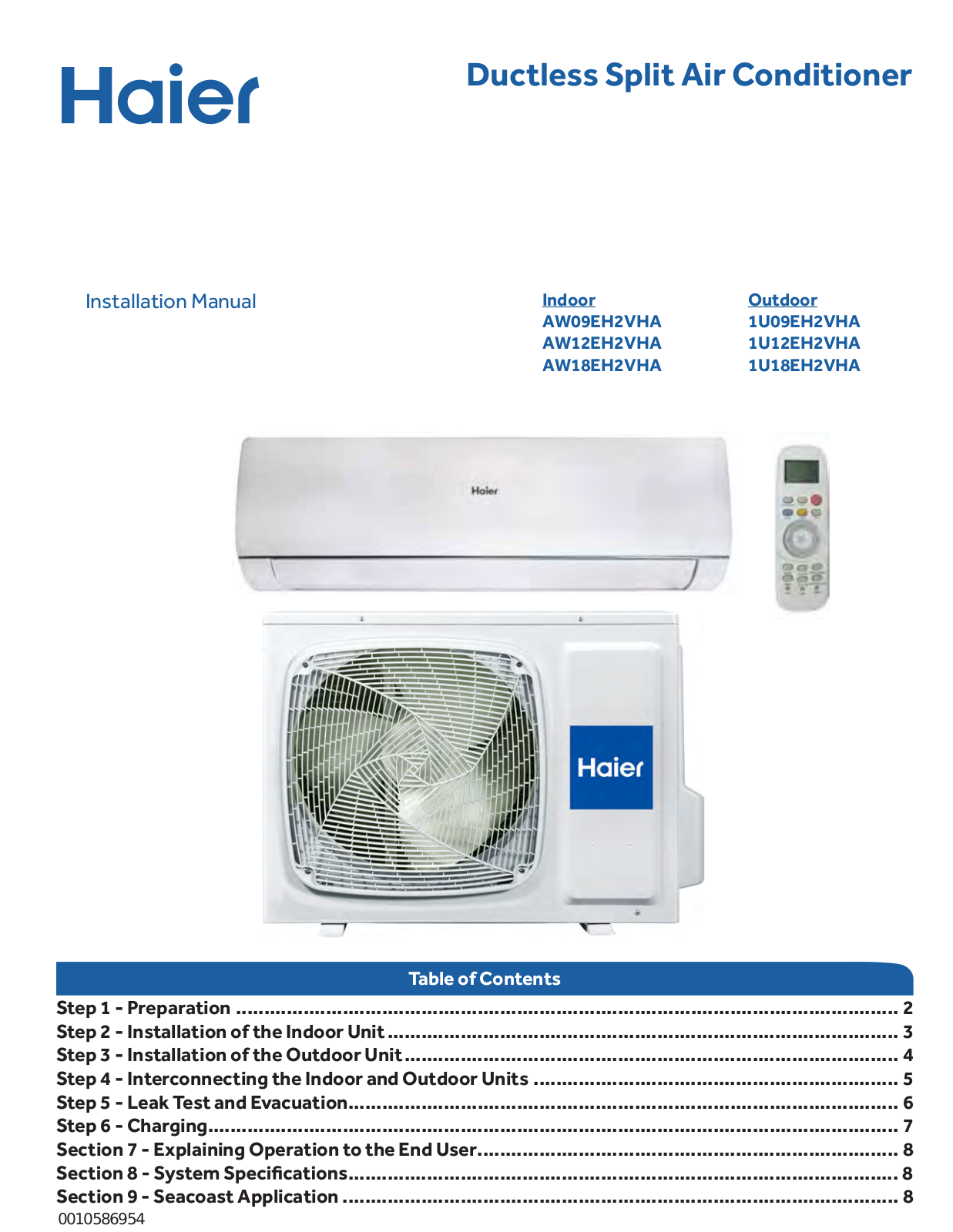 Haier AW09EH2VHA, AW12EH2VHA, AW18EH2VHA Installation Guide