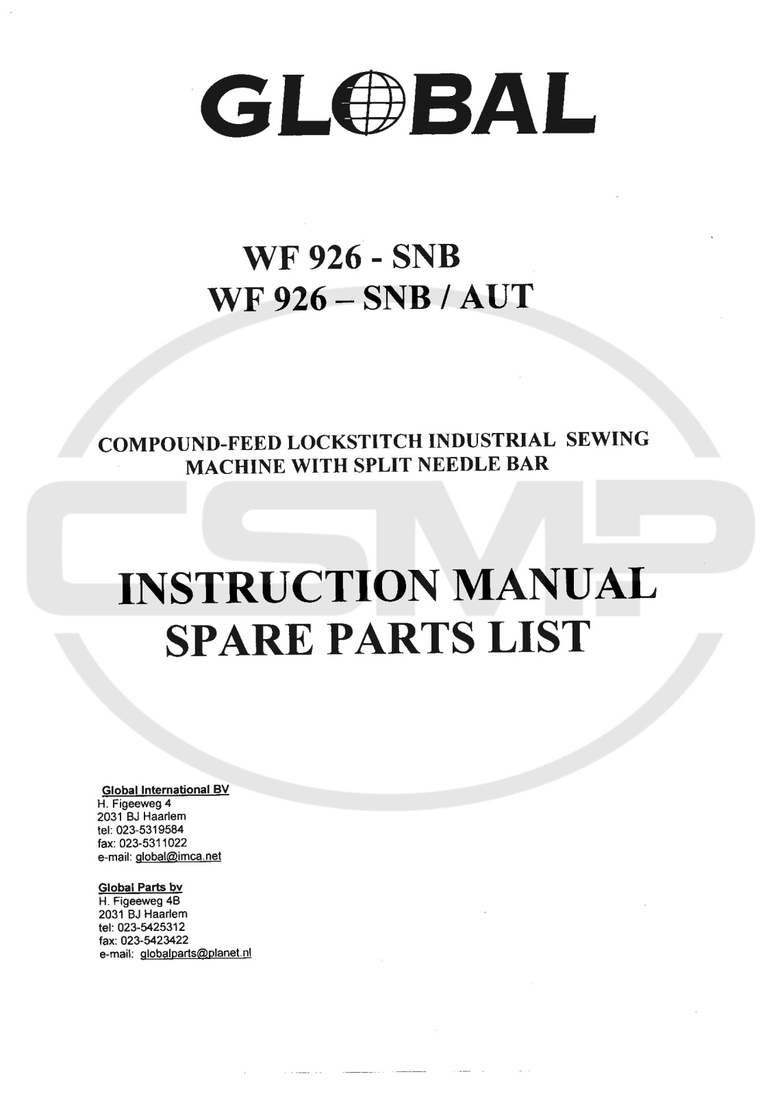 Global WF 926 - SNB, WF 926 - SNB/AUT Parts Book