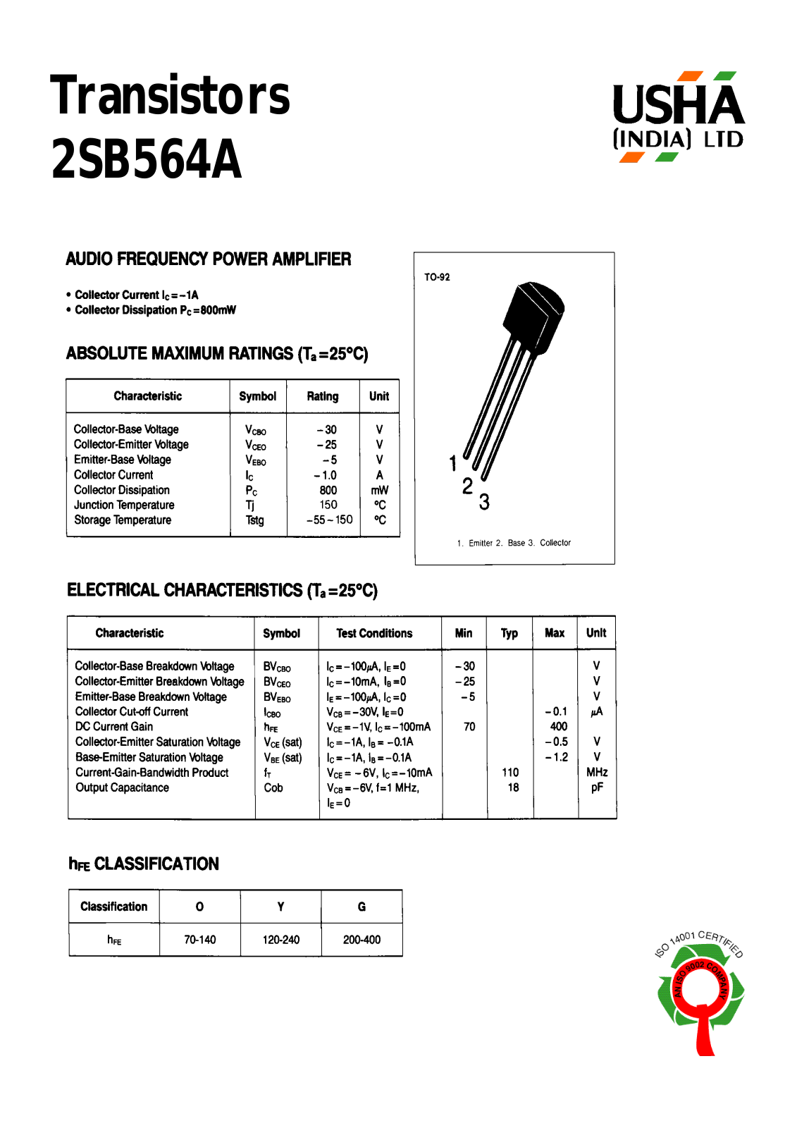 USHA 2SB564A Datasheet