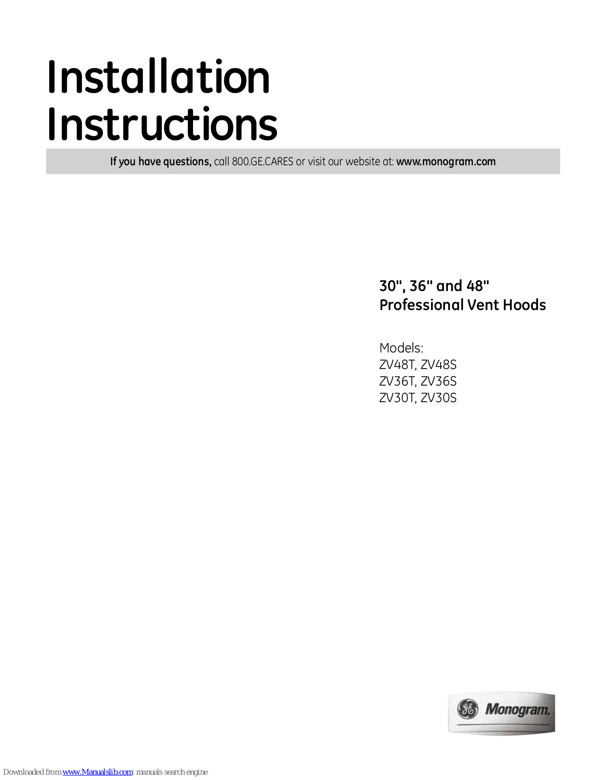 Monogram ZV48T, ZV48S, ZV36T, ZV36S, ZV30T Installation Instructions Manual