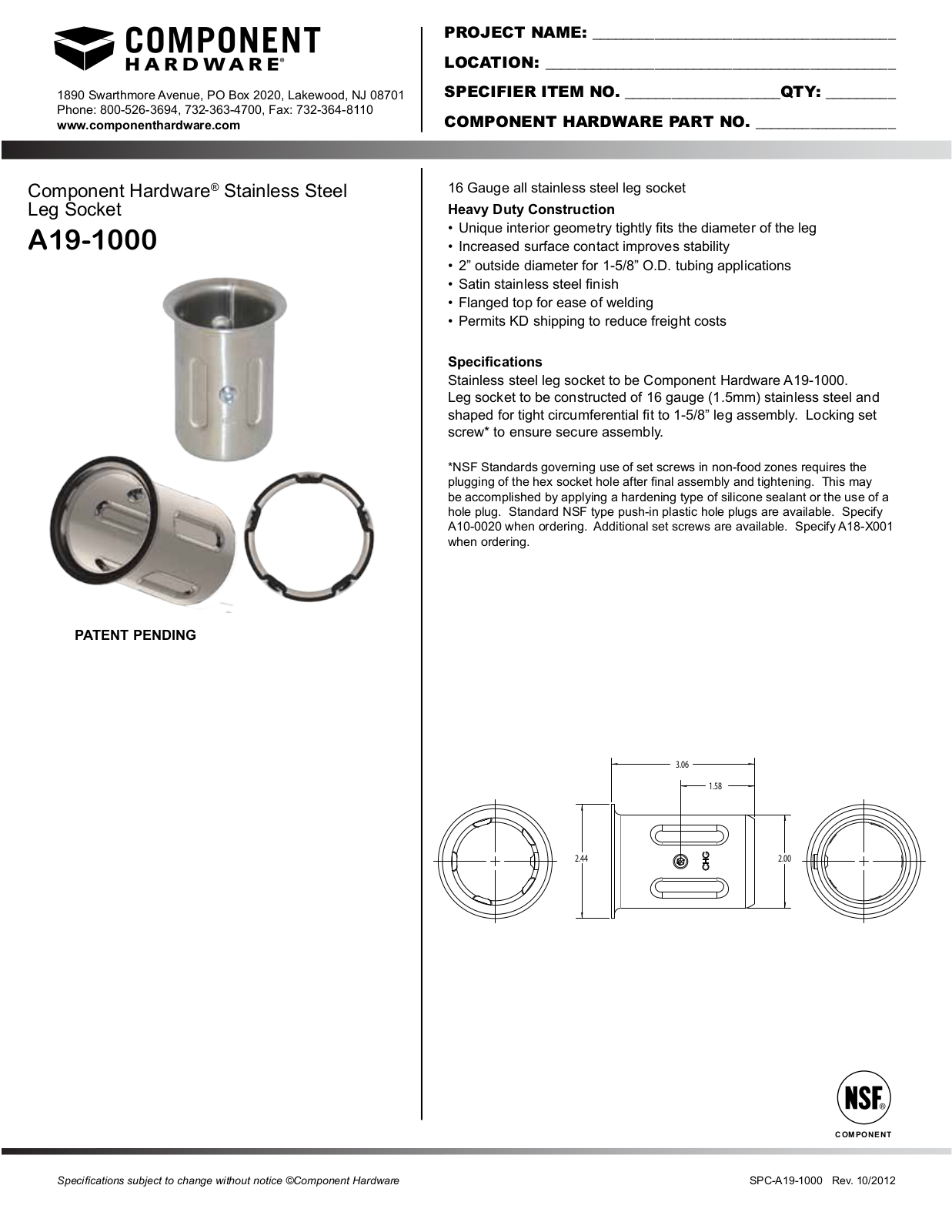 Component Hardware A19-1000 User Manual