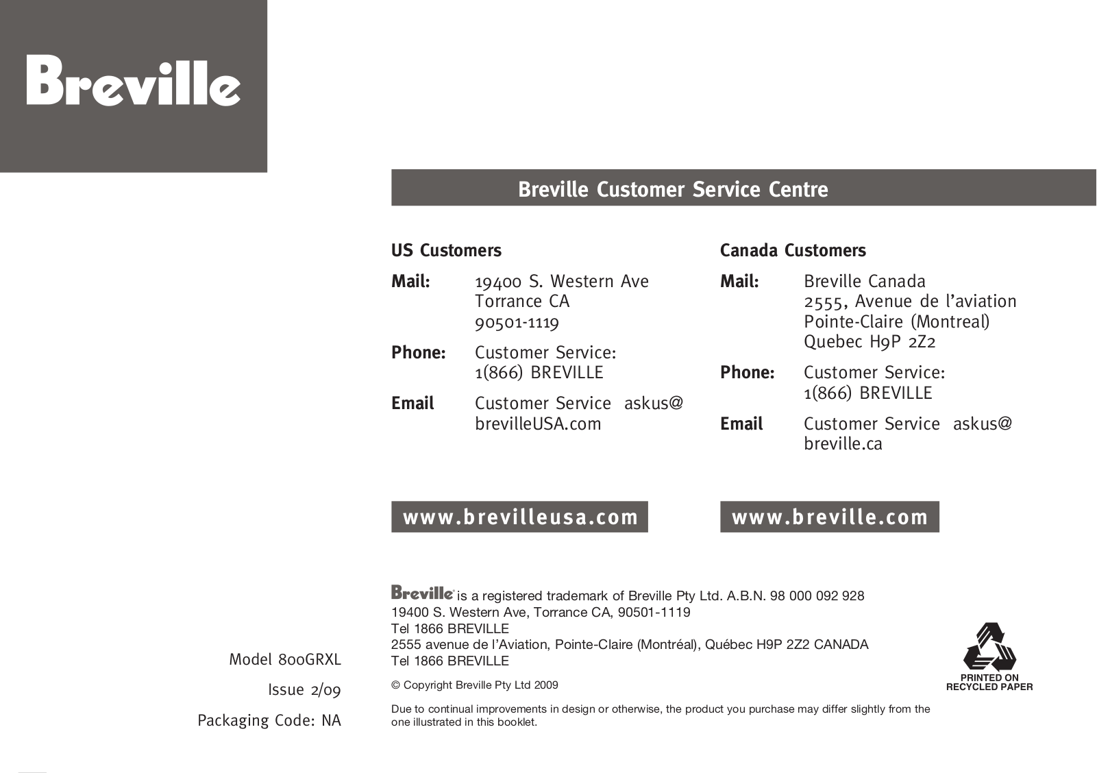 BREVILLE 800GRXL Instruction Booklet