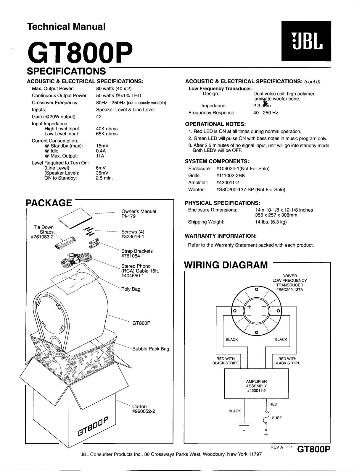 JBL GT800P Technical manual