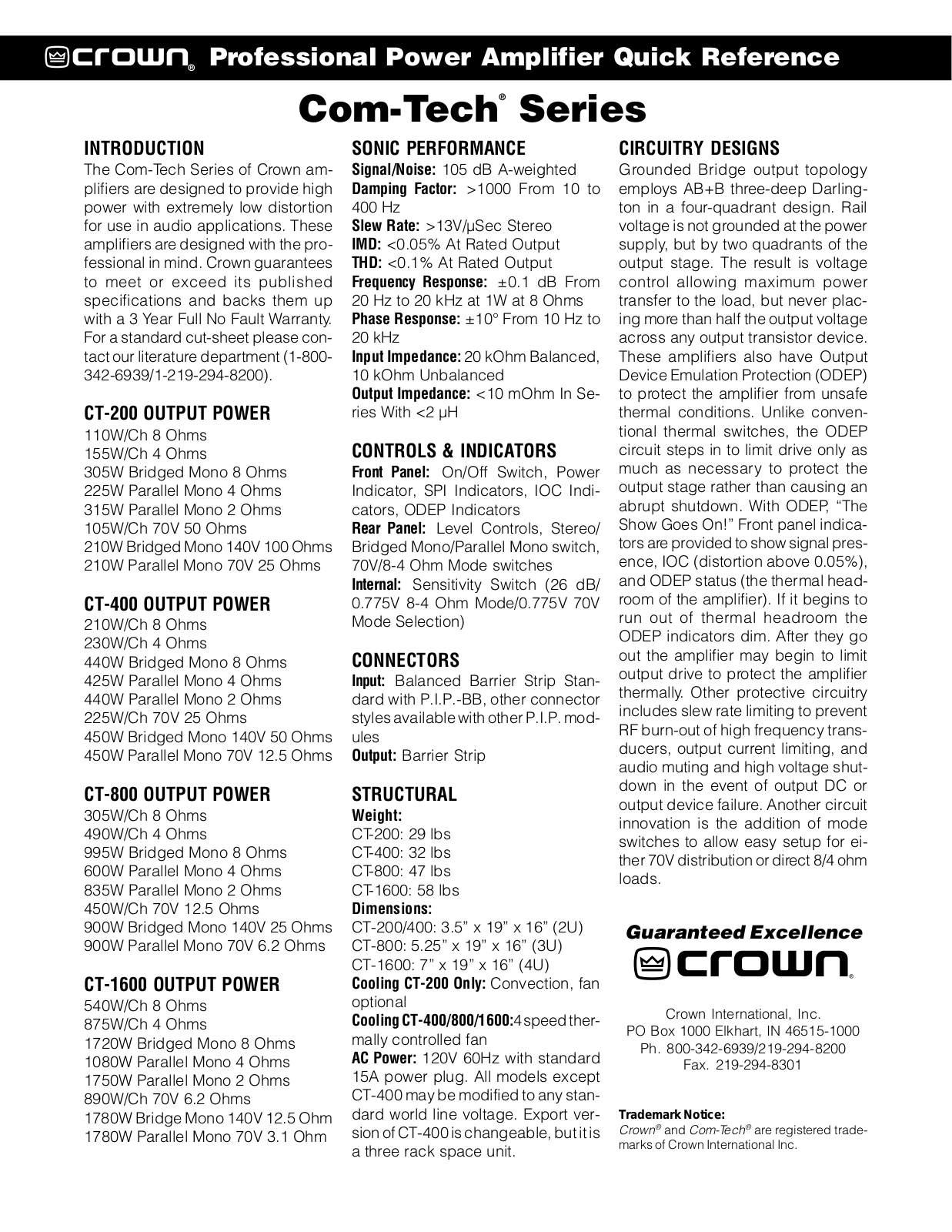 Crown Audio Com-Tech 810 Quick Reference