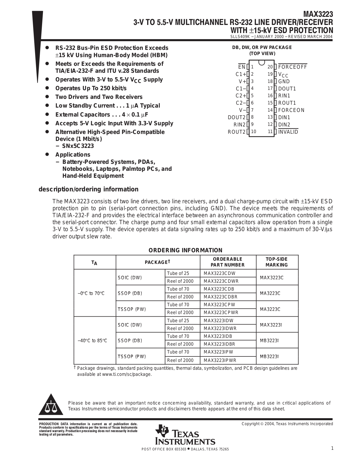 TEXAS INSTRUMENTS MAX3223 Technical data