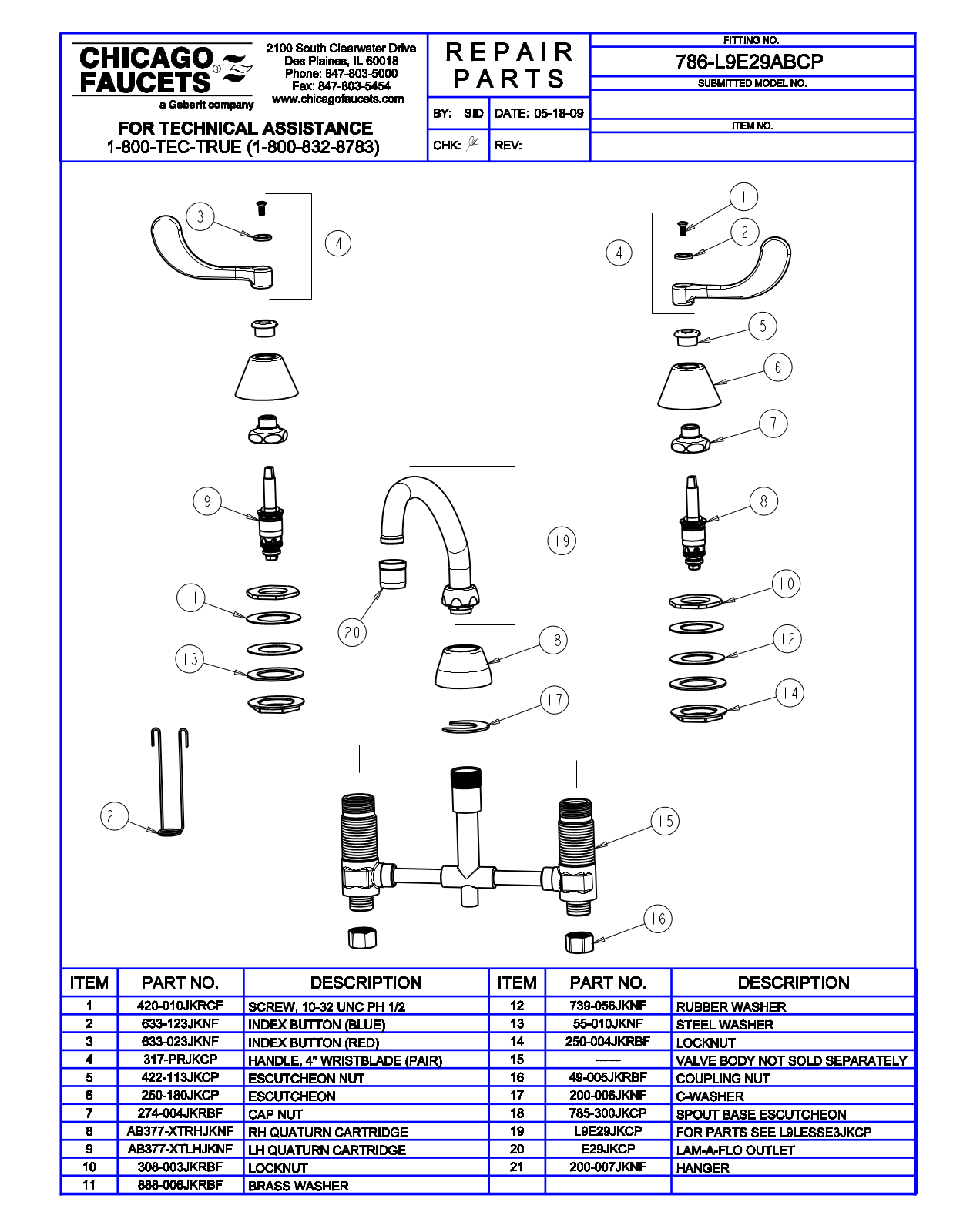 Chicago Faucet 786-L9E29AB Parts List