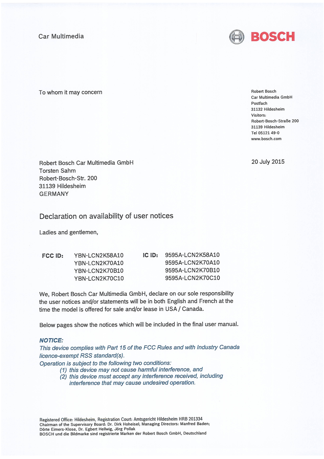 Robert Bosch Car Multimedia LCN2K70C10, LCN2K70A10, LCN2K58A10, LCN2K70B10 User Manual