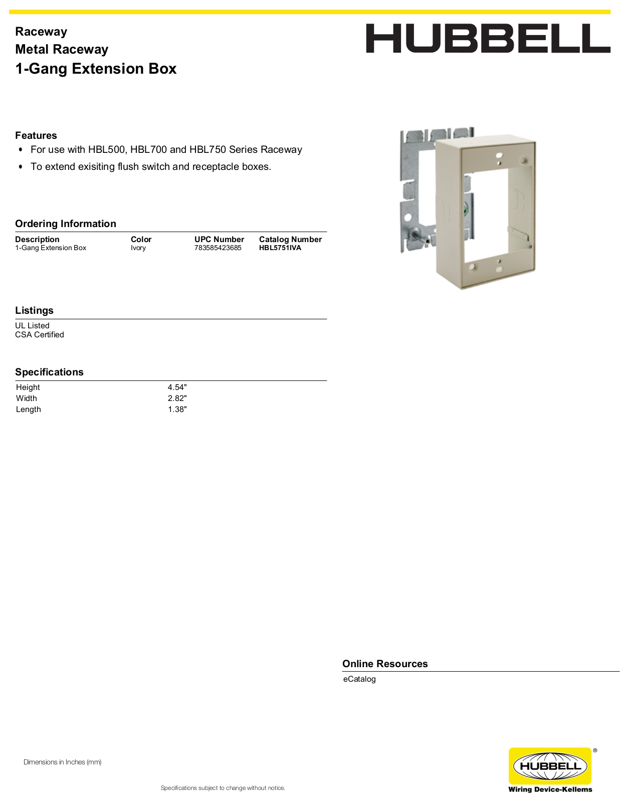 Hubbell HBL5751IVA Specifications