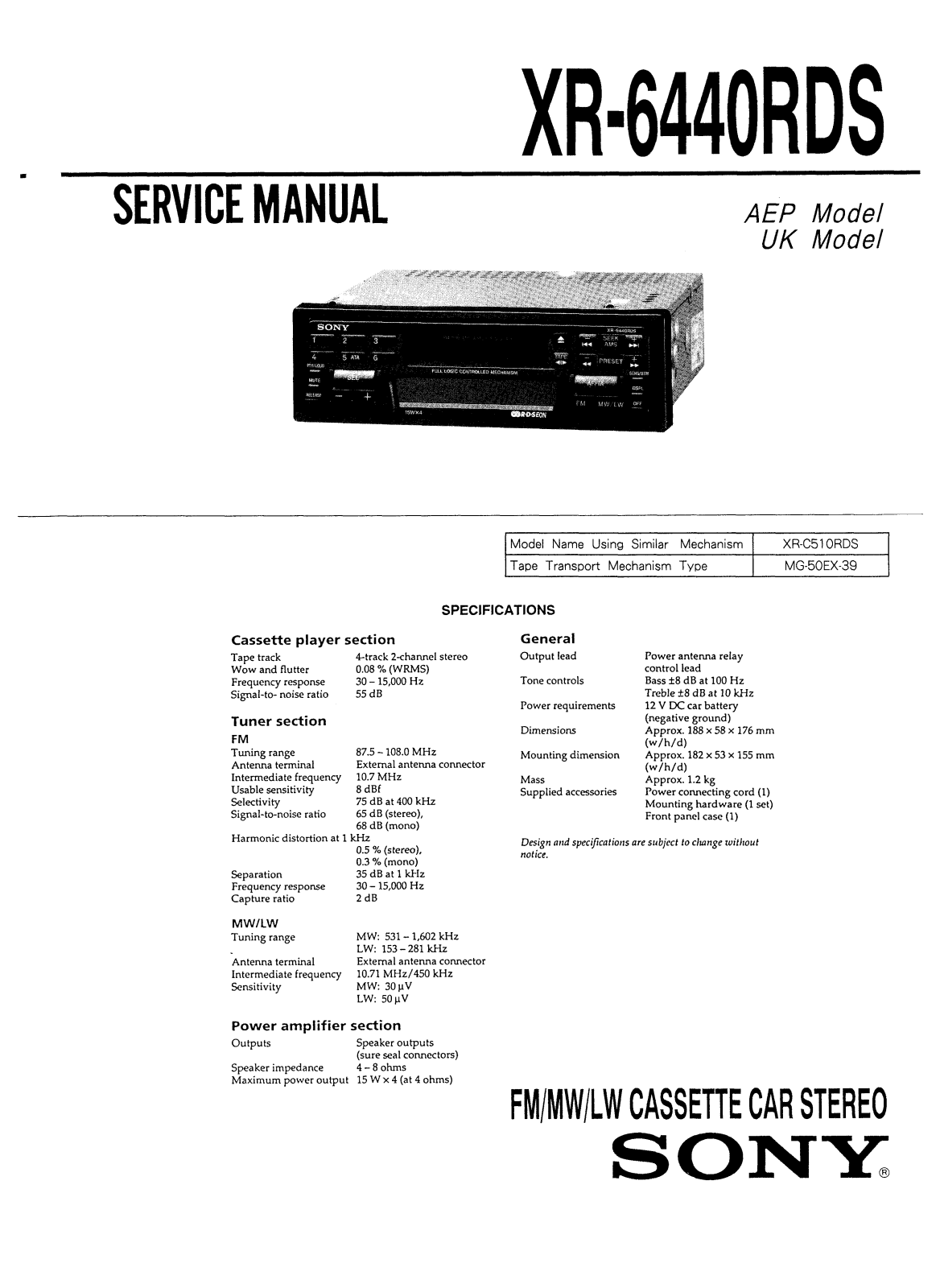 Sony XR-6440RDS Service Manual