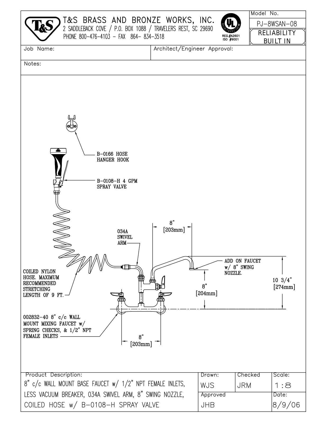 T&S Brass PJ-8WSAN-08 User Manual