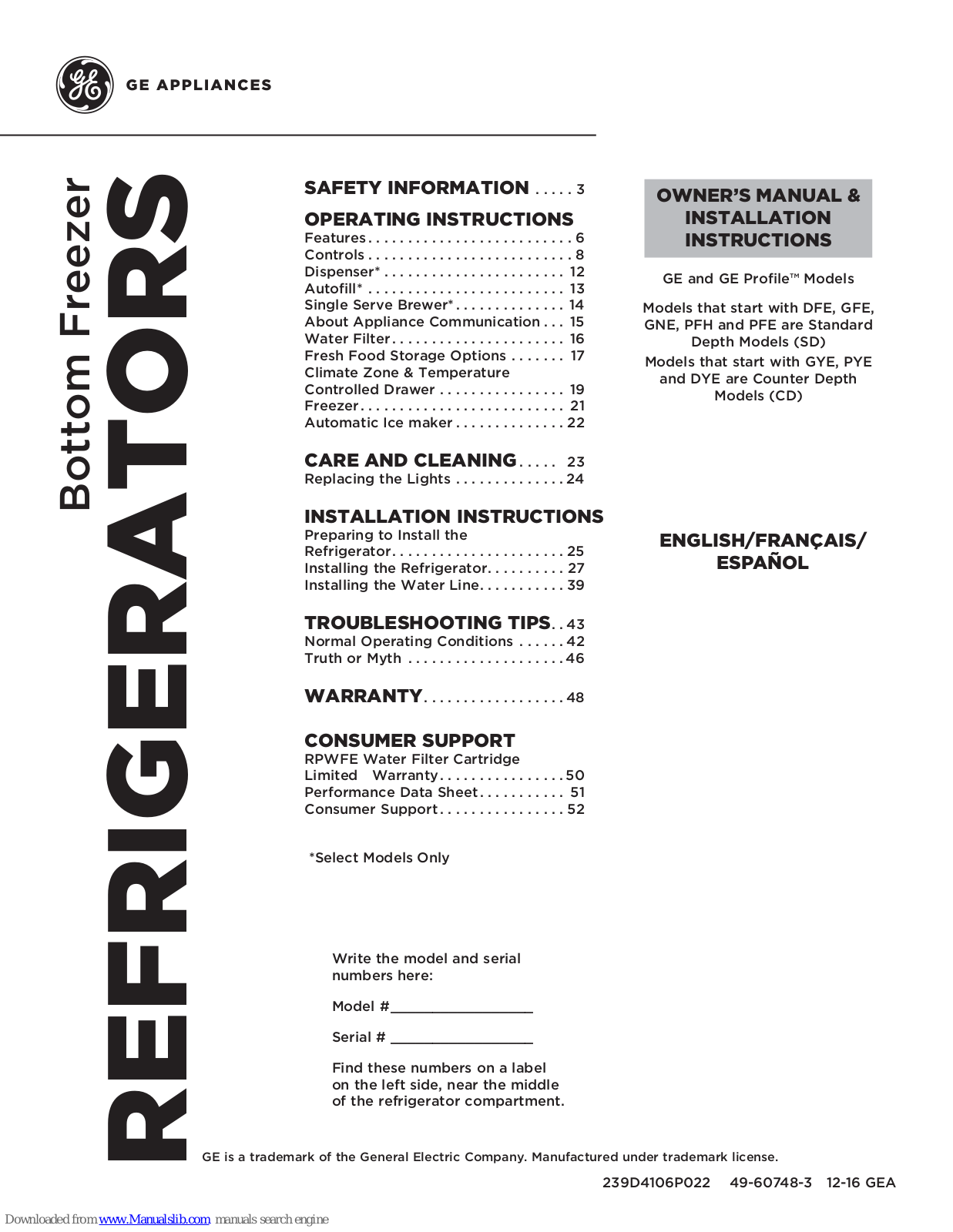 GE PFH28, PYE22P, PFE28P, PYE22K, PFE28K Owner's Manual & Installation Instructions