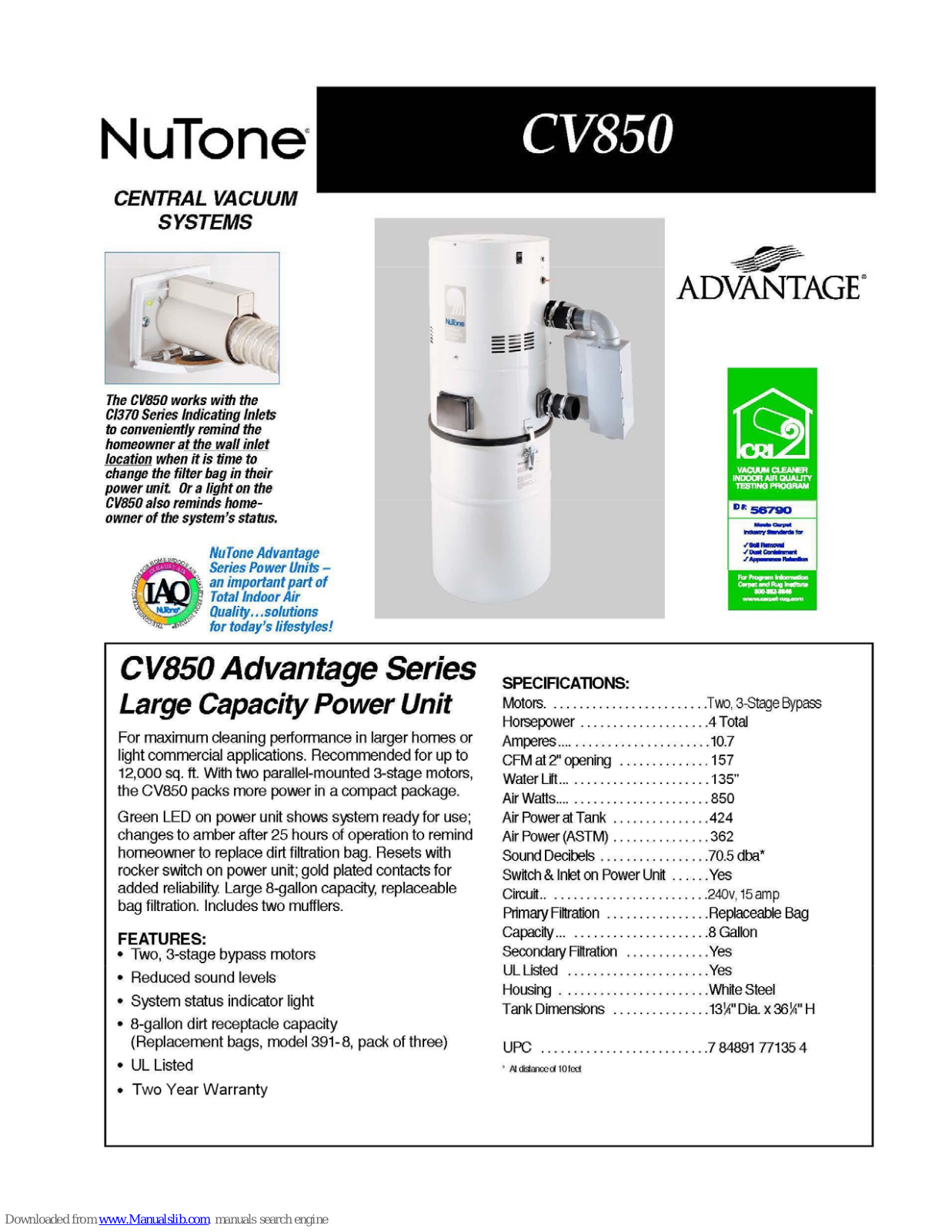 NuTone Advantage CV850 Specifications