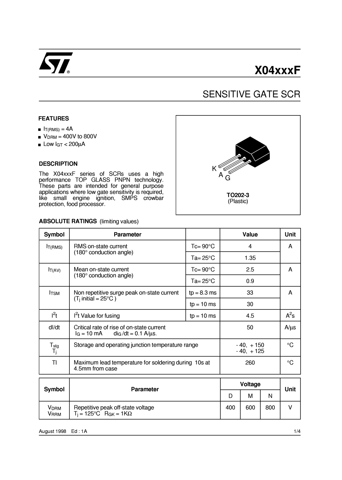 SGS Thomson Microelectronics X0405DF, X0405DE, X0405BF, X0405BE, X0403NF Datasheet