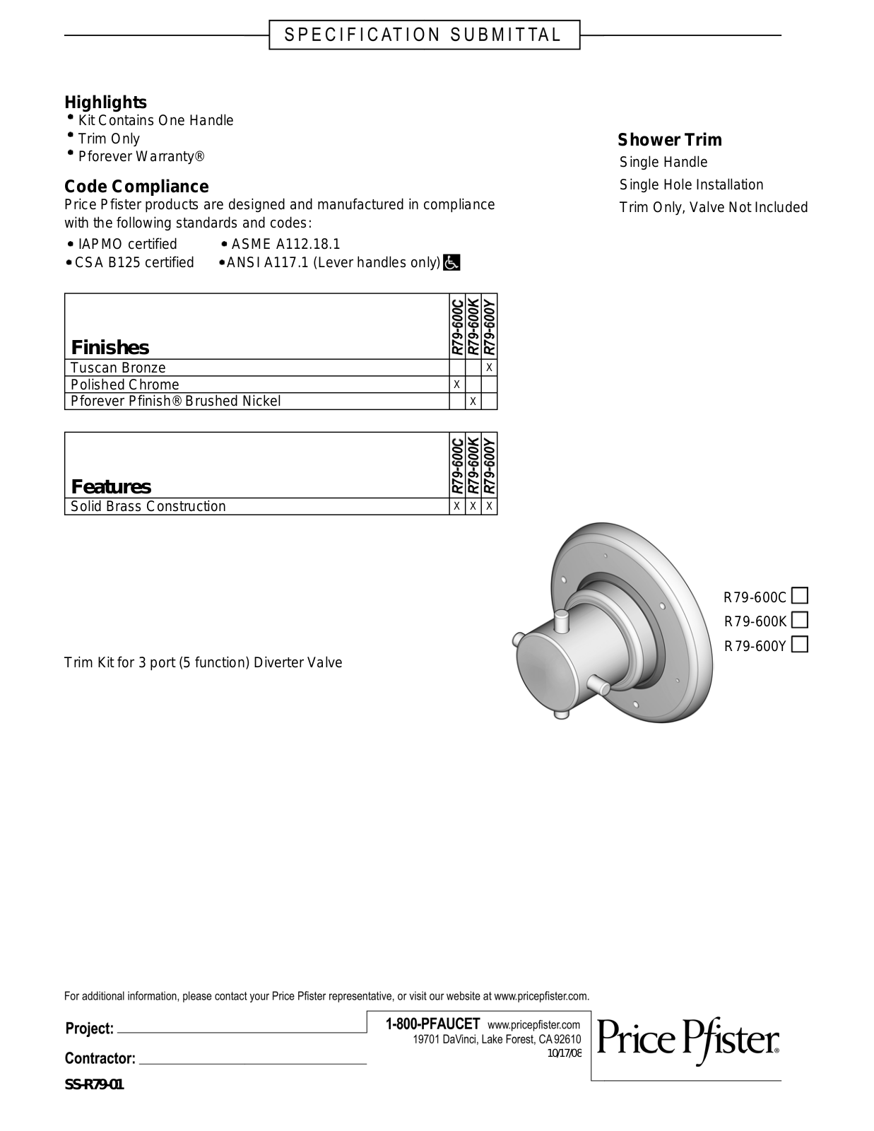 Pfister PPR2543 Specifications - ManualMachine.com