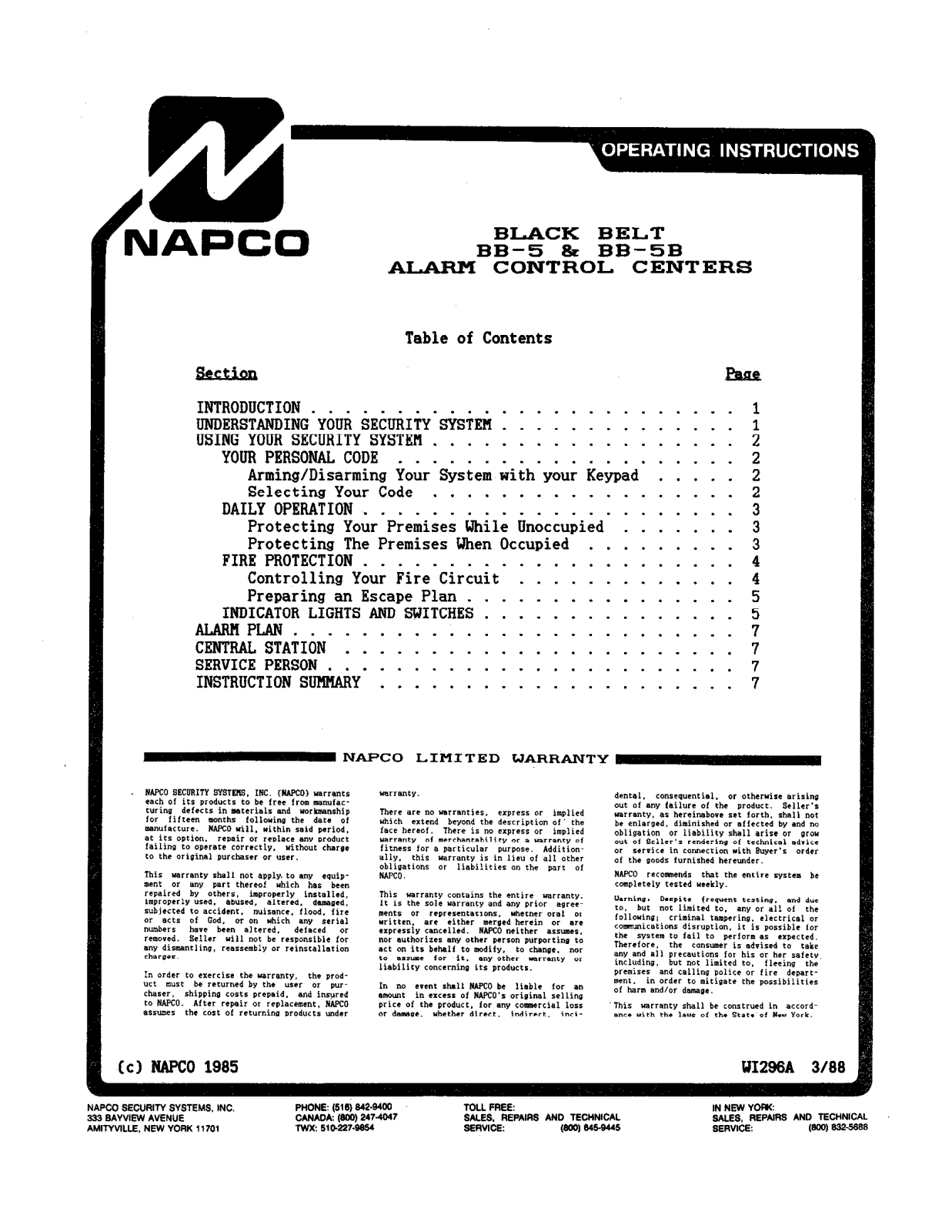 Napco BB5 Operating Instruction