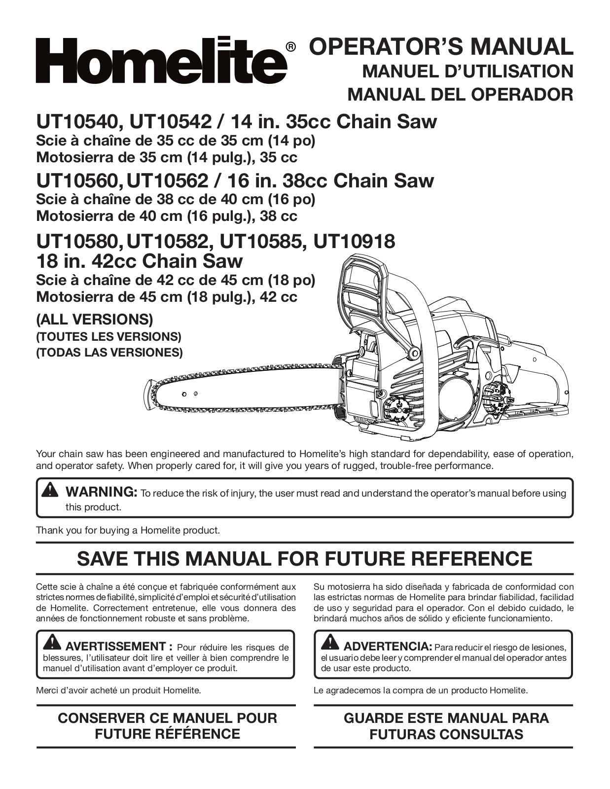 Homelite UT10585, UT10560, UT10918, UT10562, UT10542 User Manual