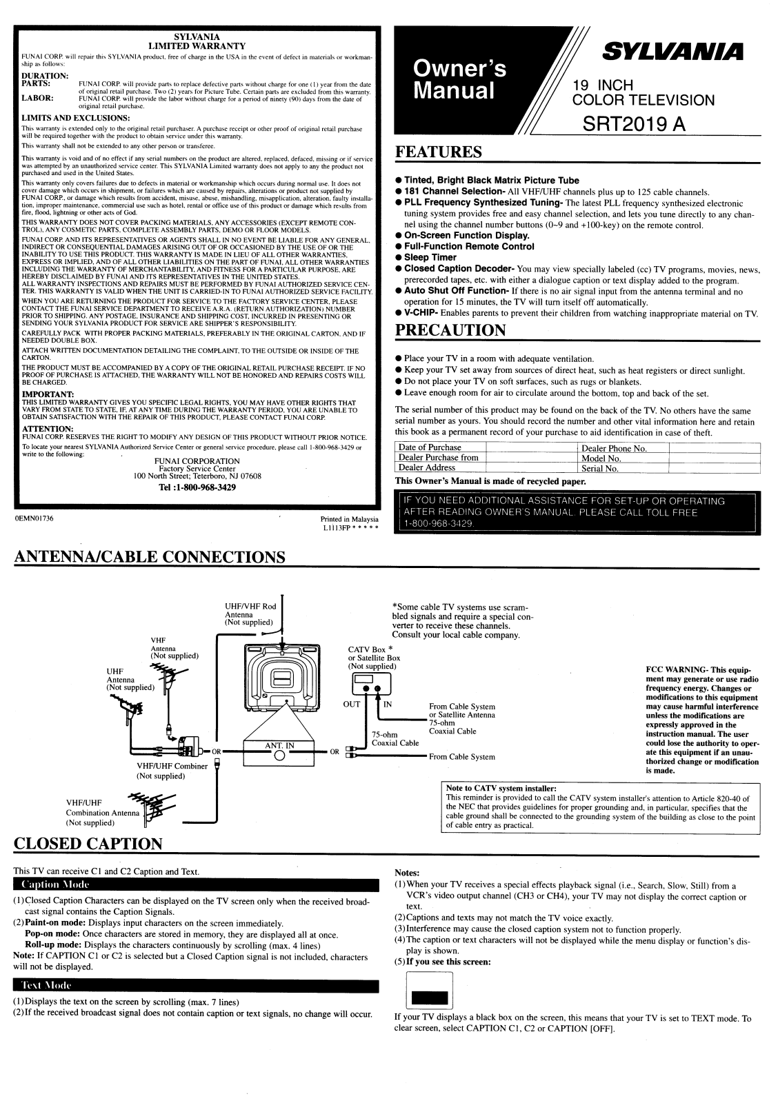 FUNAI SRT2019A, SRT2019A User Manual