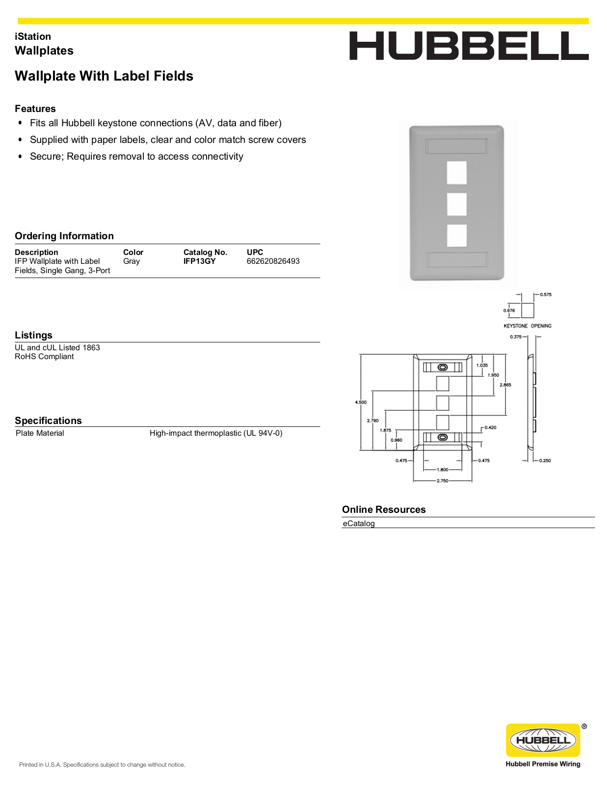 Hubbell IFP13GY Specifications