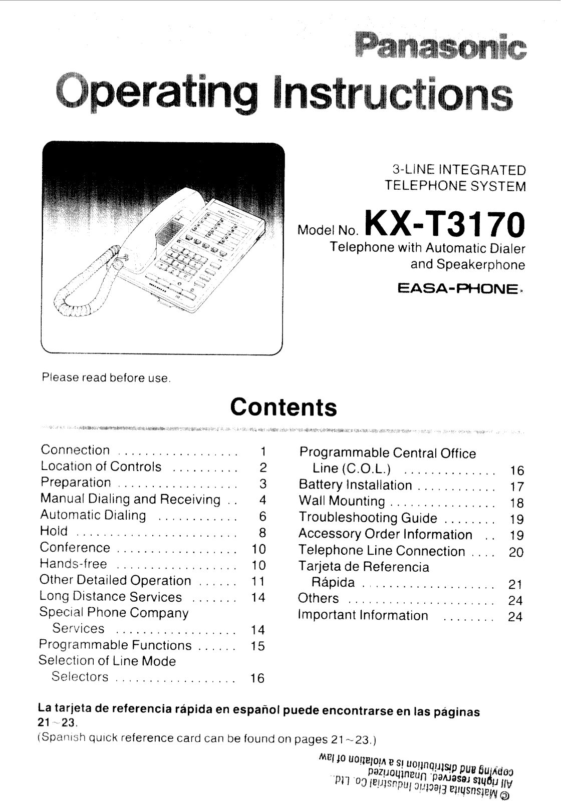 Panasonic kx-t3170 Operation Manual