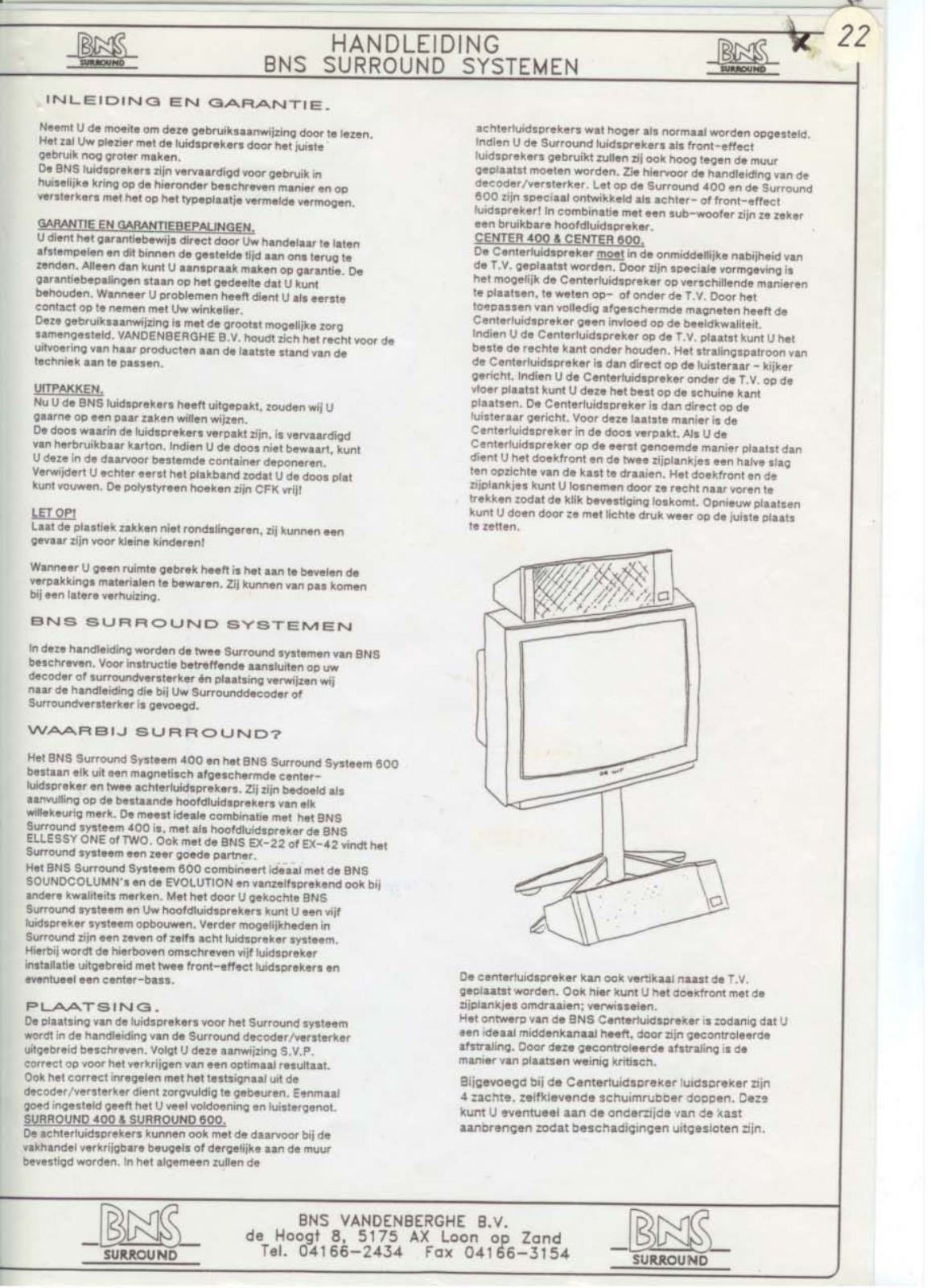 BNS Loudspeakers Center 600 Owners manual