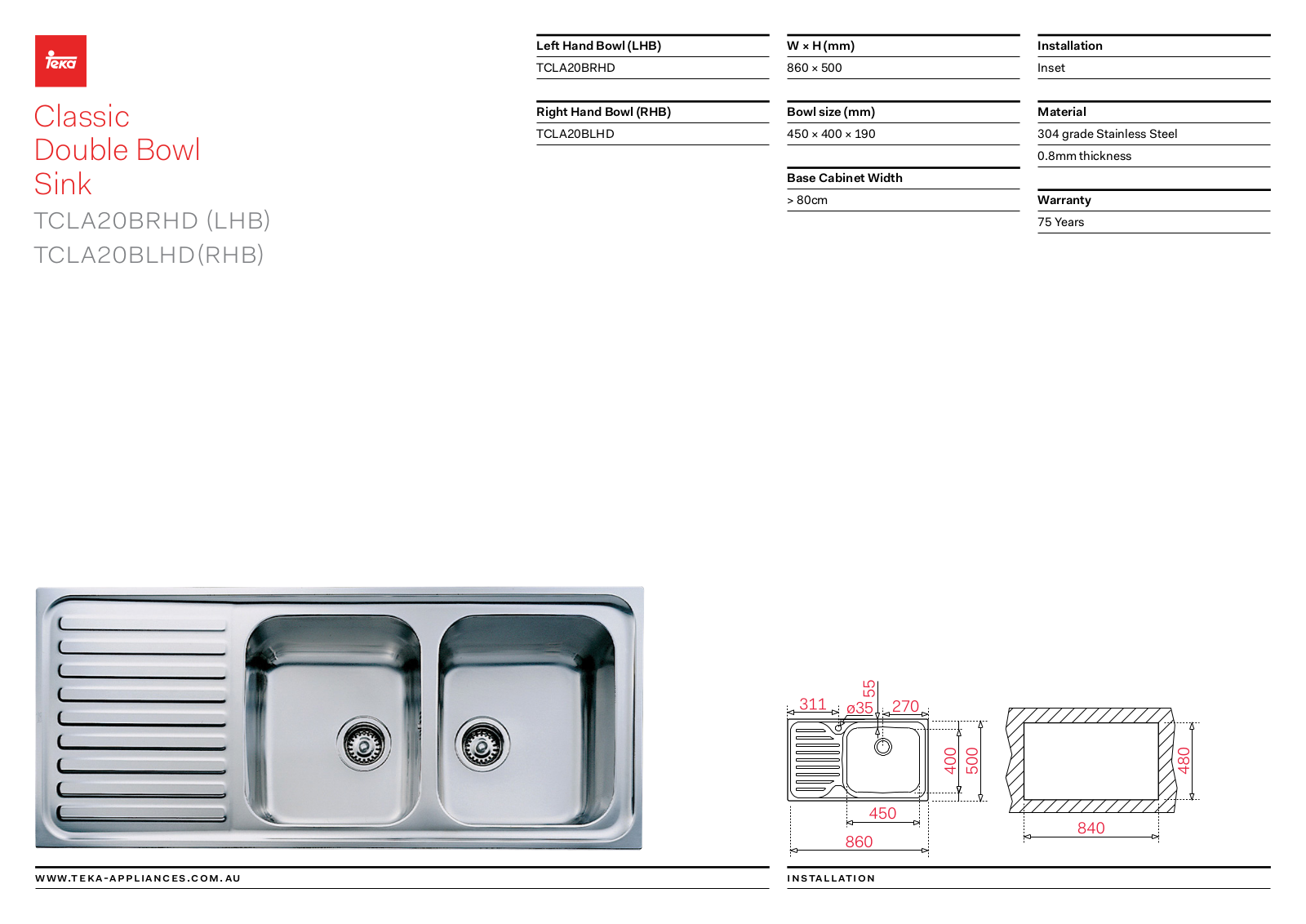 Teka TCLA20BLHD, TCLA20BRHD Specifications Sheet