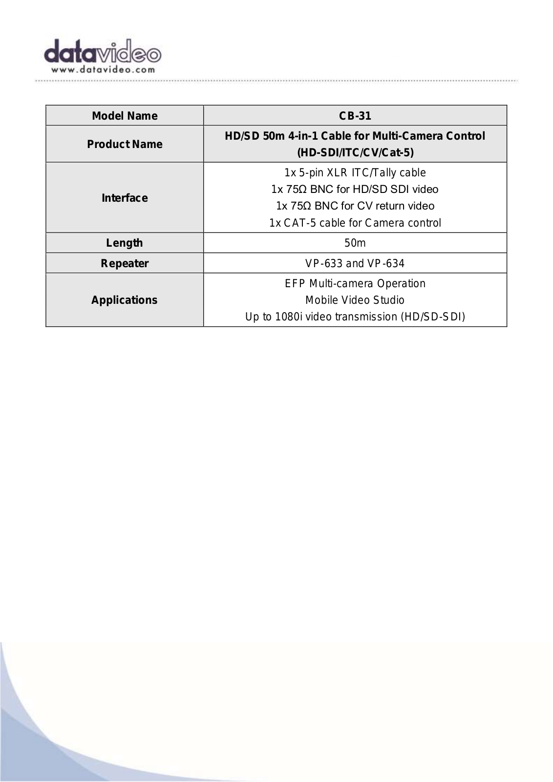 Datavideo CB-31 Specifications